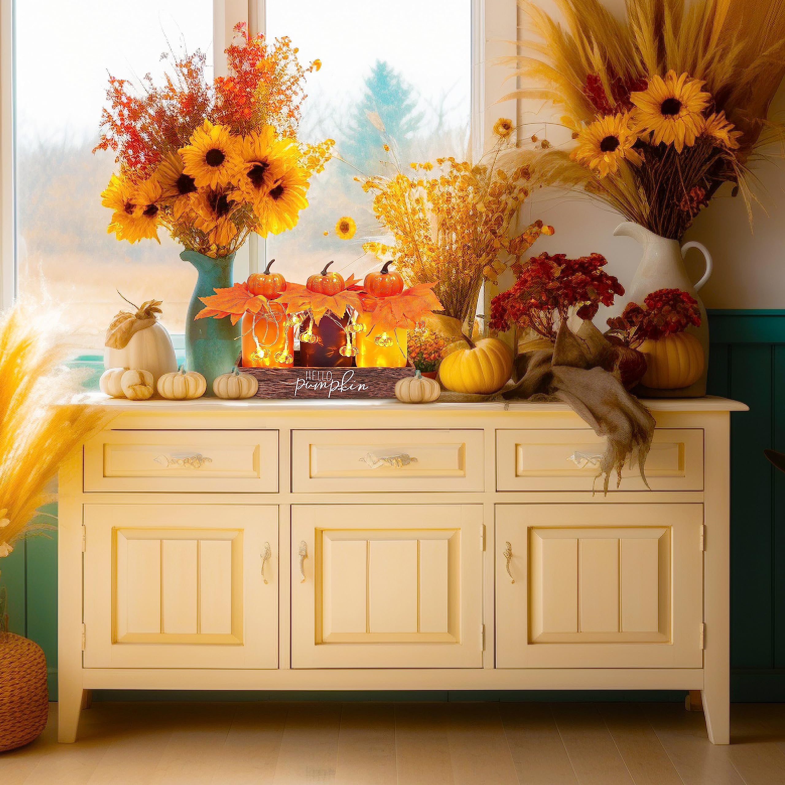 Fall Decor for Home, Autumn Themed Mason Jars Centerpiece with Fall Decorations and Pumpkin Decor Lights - Perfect for Thanksgiving Decorations 3 Packs Fall color Mason jars with wooden box