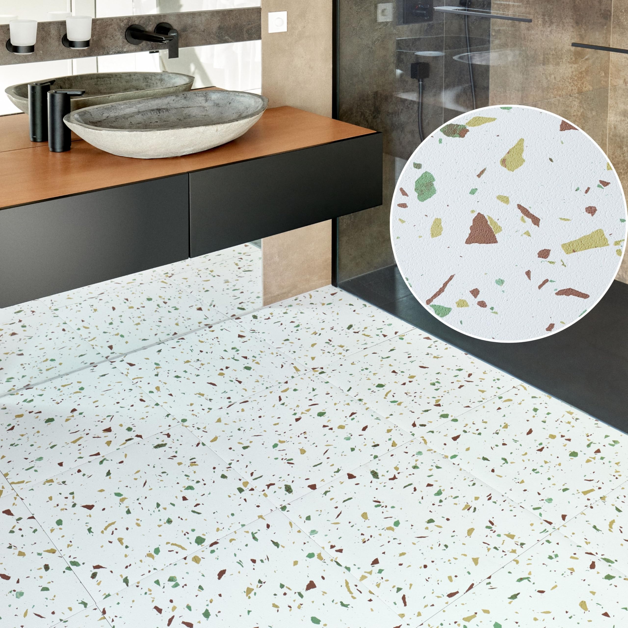 Vinyl Floor Tiles Self Adhesive - 10 Pack to Cover 22.50 sqft (2.09 sqm) - Vinyl Flooring Tile Size 18x18 in (45.7 x 45.7cm) - Large Square Peel and Stick Floor Tiles White Grey Terrazzo Effect