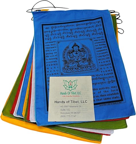 Hands Of Tibet Banderas hechas a mano de Buda de Compasión con traducción en inglés 9 x 12