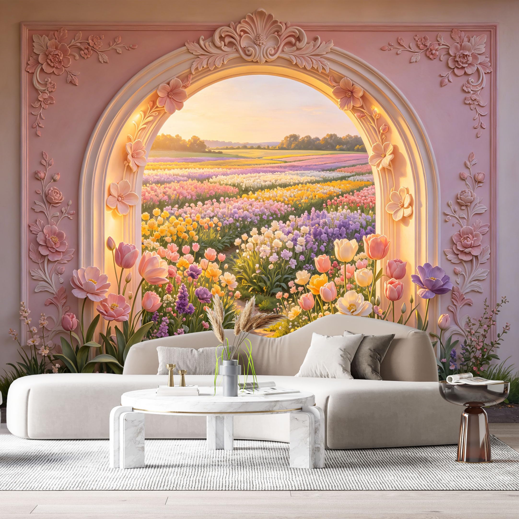 Custom Size Wall Murals Botanical Flower Field Sunset Archway 3D Trompe L'Oeil SelfAdhesiveWall Fabric Removable Wallpaper Wall Decor for Living Room Bedroom Bathroom