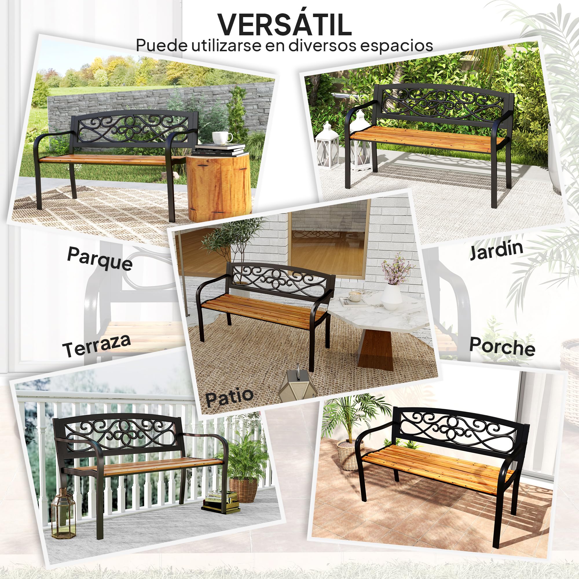 Outsunny Banco de Jardín Exterior de 2 Plazas Banco de Exterior con Asiento de Madera y Marco de Acero para Patio Terraza 127x56x80 cm Negro y Natural
