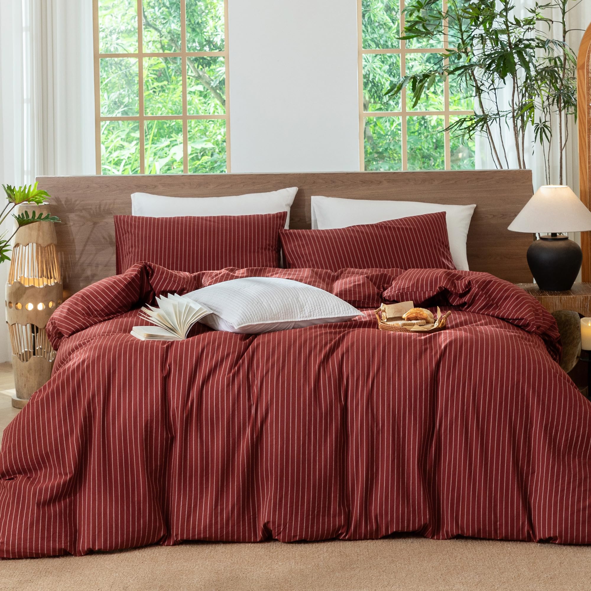 MooMee Striped Duvet Cover Set 100% Washed Cotton Linen Like Queen
