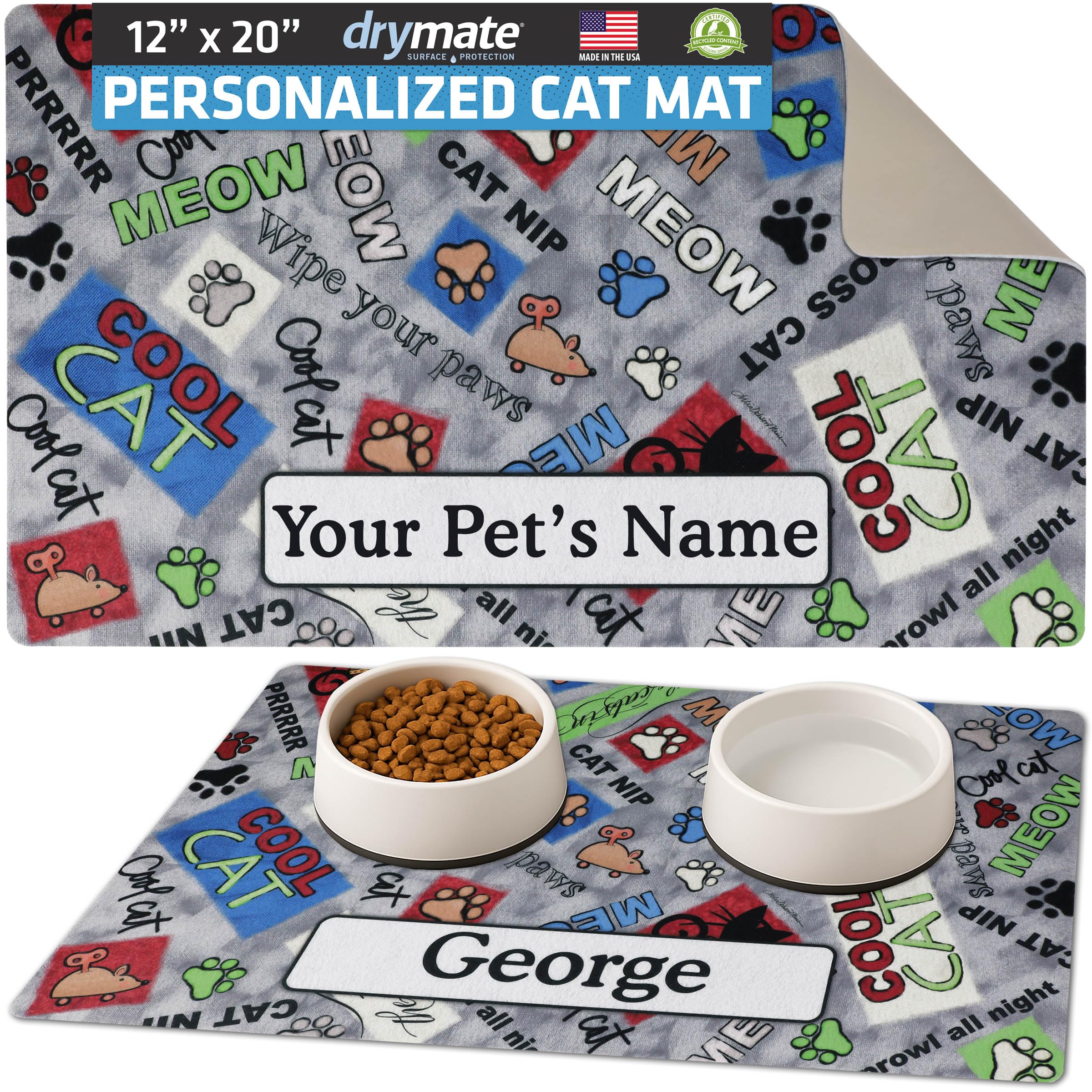 Drymate Personalized Pet Bowl Placemat, Custom Dog & Cat Food Feeding Mat - Absorbent Fabric, Waterproof Backing - Machine Washable/Durable (USA Made)