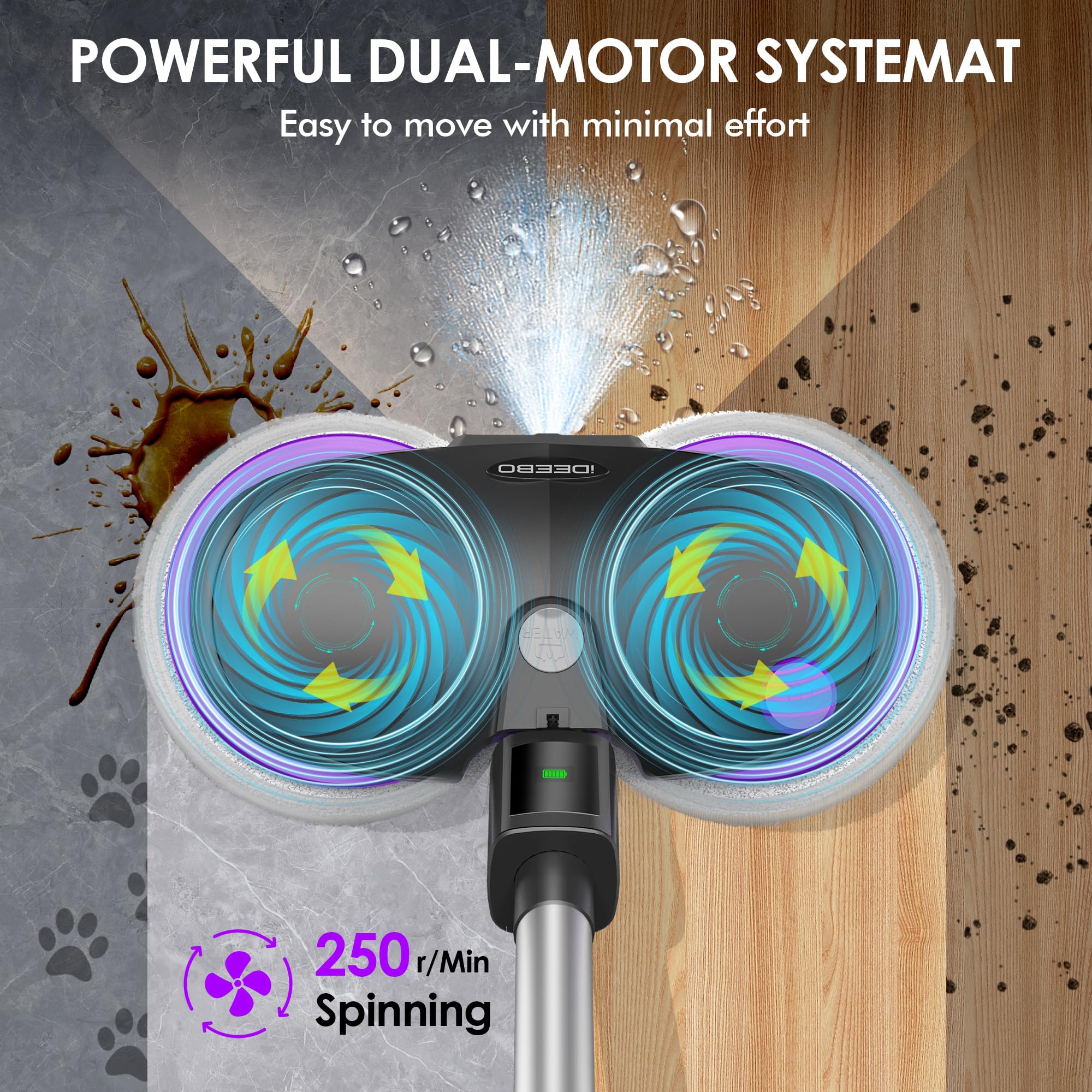 Mocio elettrico senza fili, con funzione spray, illuminazione a LED, serbatoio dell'acqua da 300 ml, lavapavimenti elettrico per lavare, strofinare e lucidare