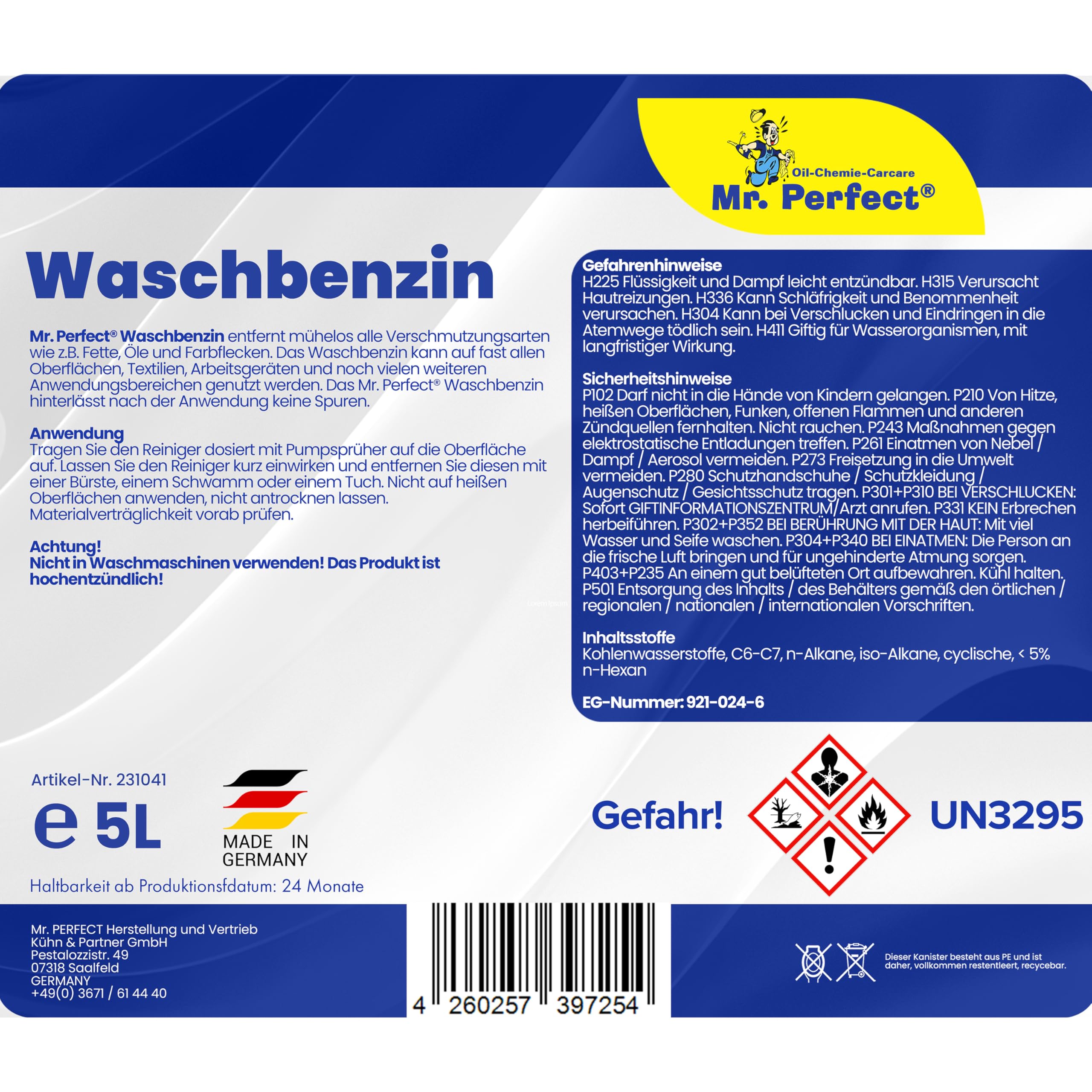 Mr. Perfect® - Waschbenzin 5L - Lösungsmittel für Fleckentfernung auf Textil, Kunststoff, Oberflächen & Arbeitsgeräten - Waschbenzin Reinigungsbenzin - Benzin Reiniger