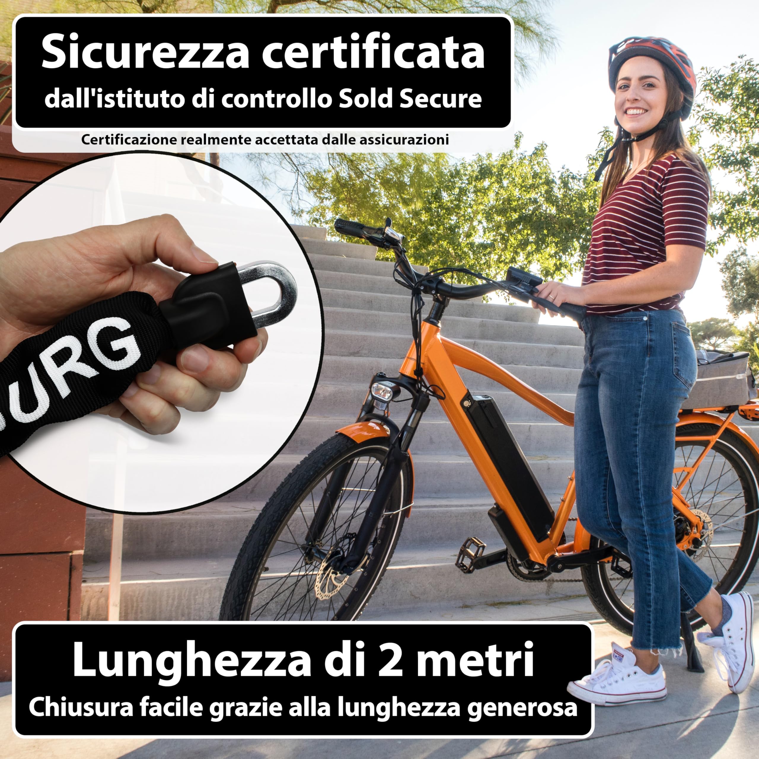 KOHLBURG 200cm Catena antifurto di sicurezza con catena quadrata da 8,3 mm in acciaio speciale, 2 metri extra lunghi, antifurto per bici sicuro da 2m di lunghezza, 4 chiavi per e‑bike, bici e moto