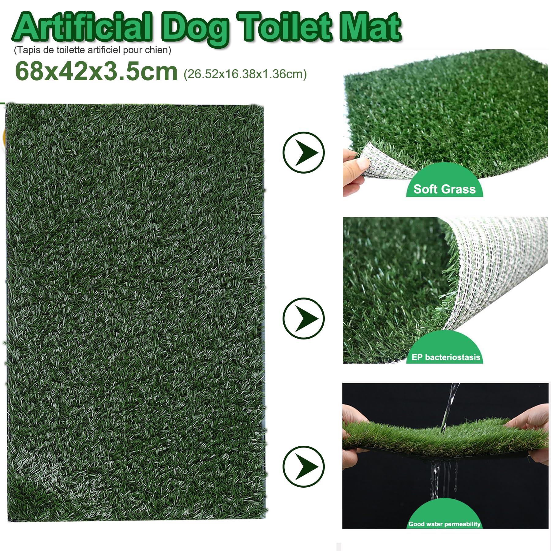 Toilettes pour Chien Bac à litière en Gazon Artificiel 67 x 42 cm, avec Gazon-Artificiel,Facile à Nettoyer Coussinets de Gazon Artificiel pour Petit Chien