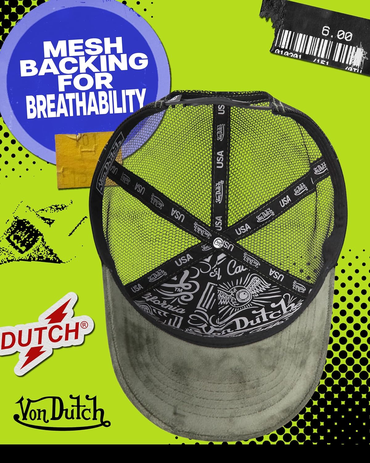 Von Dutch Unisex Trucker Hat - Velvet Curved Bill Mesh Back Retro Classic Adjustable Snapback Baseball Cap for Men and Women