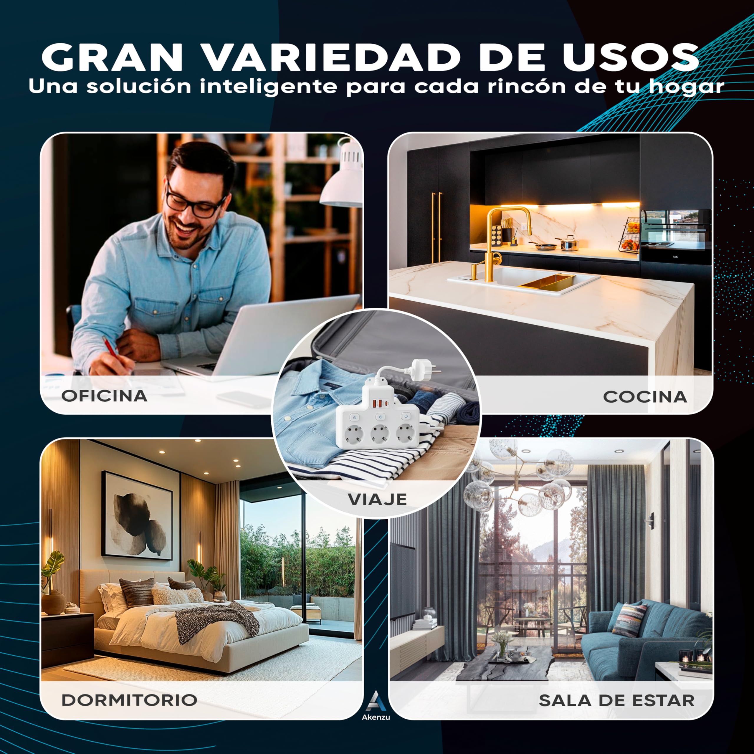 AKENZU©—Regletas para Enchufes Modulares 6 en 1 | Enchufe Multiple | Regleta De Enchufes Proteccion Sobretension | Ladron para Enchufes Plano con USB/USB-C | Enchufe con Interruptor para Pared—Blanco — view 8