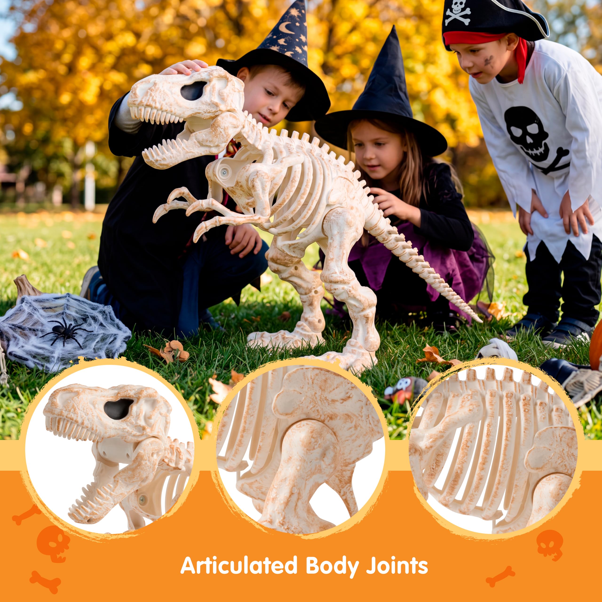 JOYIN 34 cm, scheletro T-Rex mobile per Halloween, osso di dinosauro realistico in plastica con articolazioni mobili, per casa infestata, decorazione da giardino e feste a tema dinosauri spaventosi