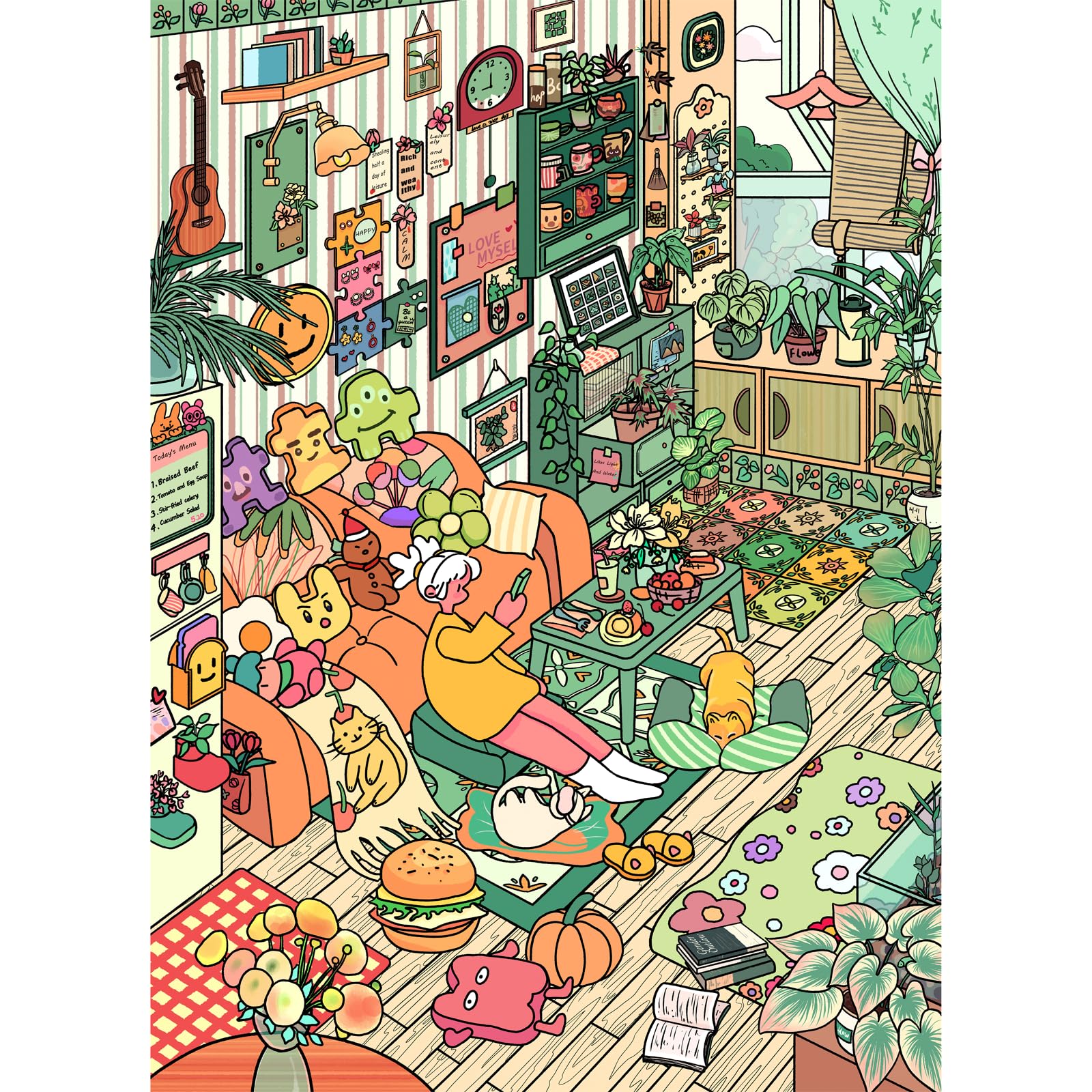 HUADADA Puzzle 1000 elementów, 1000 elementów, dla dorosłych, interaktywne puzzle rodzinne, klasyczne, na prezent, przytulny, mały świat