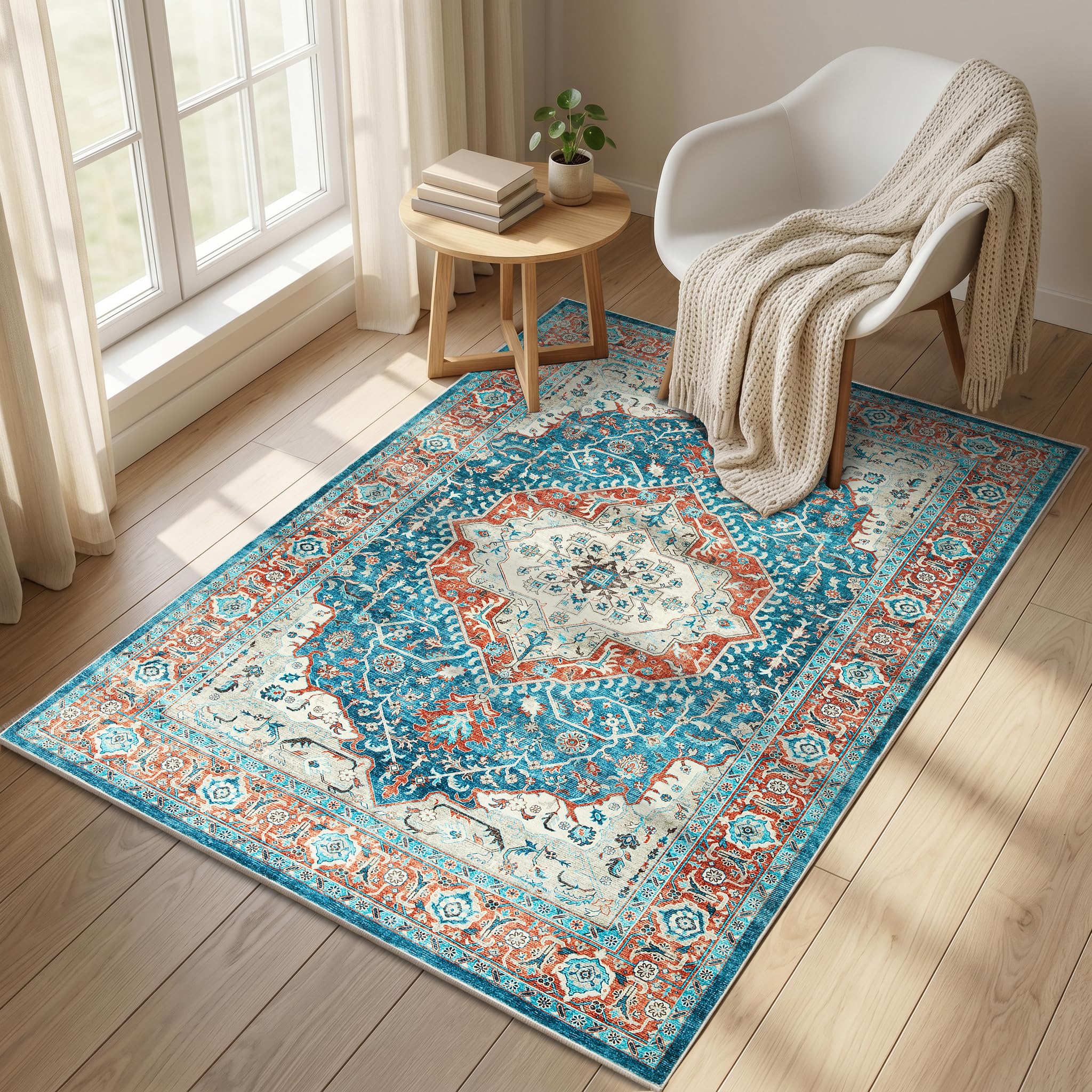 Aspire Homeware Washable Bedside Area Rugs for Bedroom Small Orange Teal Rug 60x110 cm Low Pile Non Slip Rugs Living Room, Soft Entryway Floor Carpet Vintage Design Mat for Kitchen Bathroom, Regal โ image 1