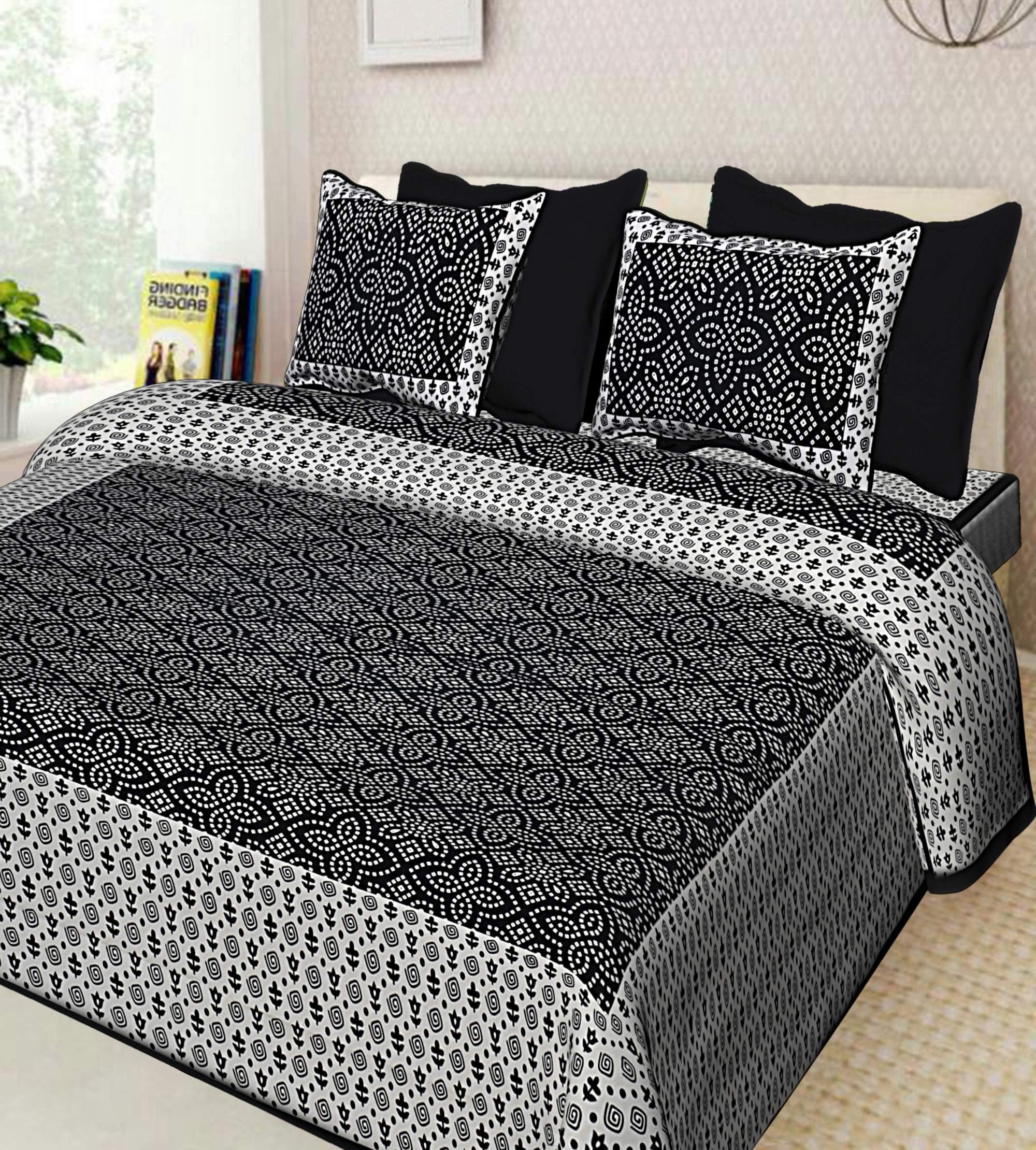 UNIBLISS Cotton Rajasthani Jaipuri Traditional Printed King Size Double Bed Bedsheet with 2 Pillow Covers - (Black)
