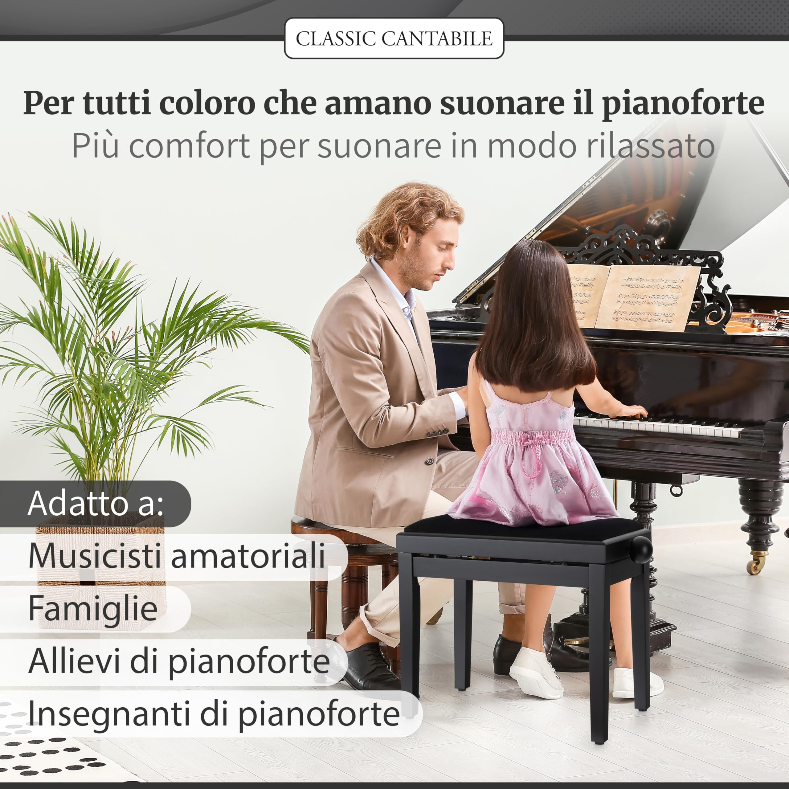 Classic Cantabile Panca per pianoforte nero opaco - Altezza regolabile da 47 a 56 cm - Sgabello con meccanismo a fuso - Seduta panchetta 55 x 32 cm - Sedia con rivestimento in velluto, stabile