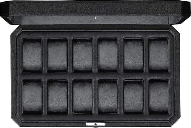 ROTHWELL Watch Box for Men - 12 Slot Luxury Watch Case Display Organizer, Microsuede Liner, Locking Mens Jewelry Watches Holder, Men's Storage Boxes Holder Large Glass Top (Black/Red) (Black / Grey)