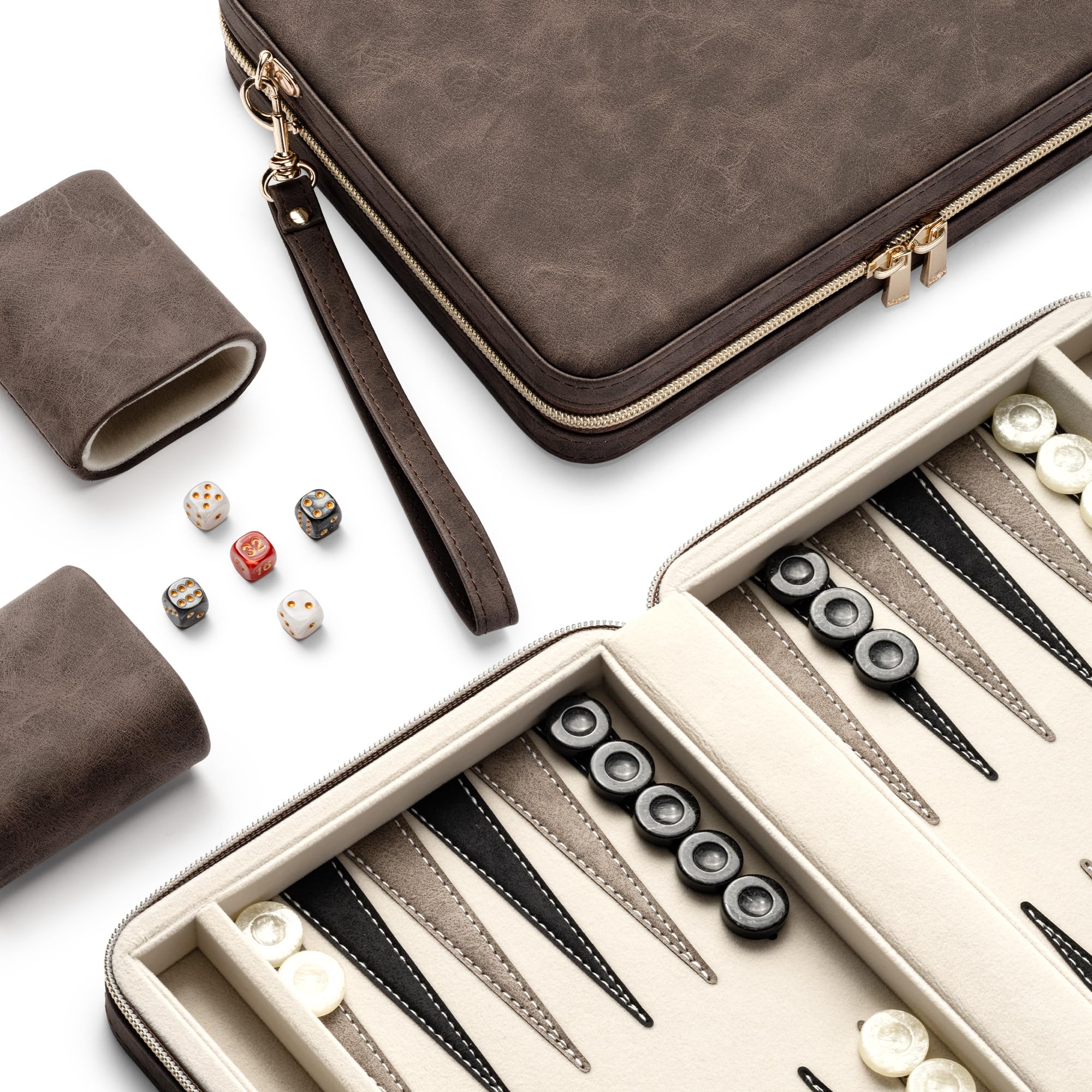 Set da backgammon da 23,9 cm per adulti, classico gioco da tavolo con custodia pieghevole in ecopelle, set da viaggio portatile da backgammon (marrone)