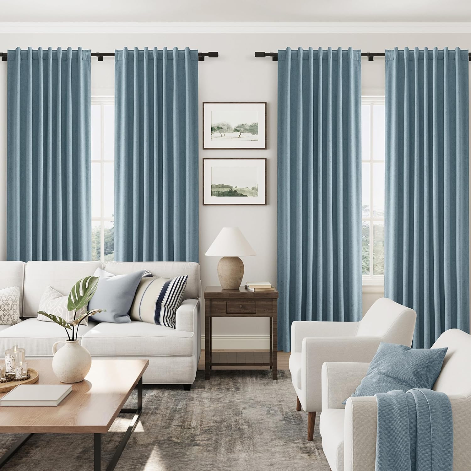 Blue 100% Blackout Linen Curtains 108 Inches Long 2 Panels for Bedroom Boho Coastal Black Out Drapes Dusty Sky Blue Thermal Insulated Back Tab Living Room Window Curtain 108 Inch Length