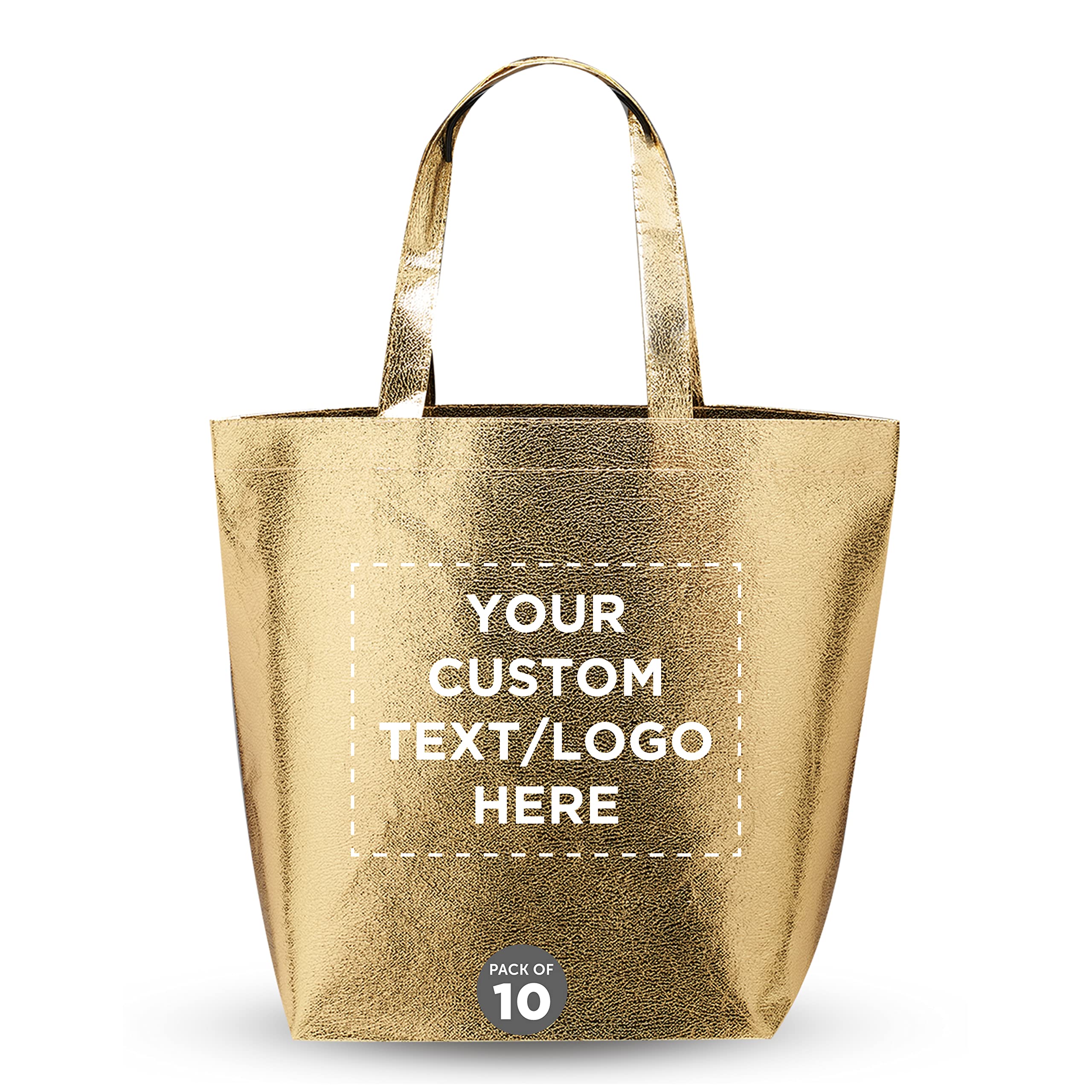 DISCOUNT PROMOS Custom New Castle Non-woven Metallic Tote Bags Set of 10, Personalized Bulk Pack - Cool Modern Design, Perfect For Everyday Use - Gold