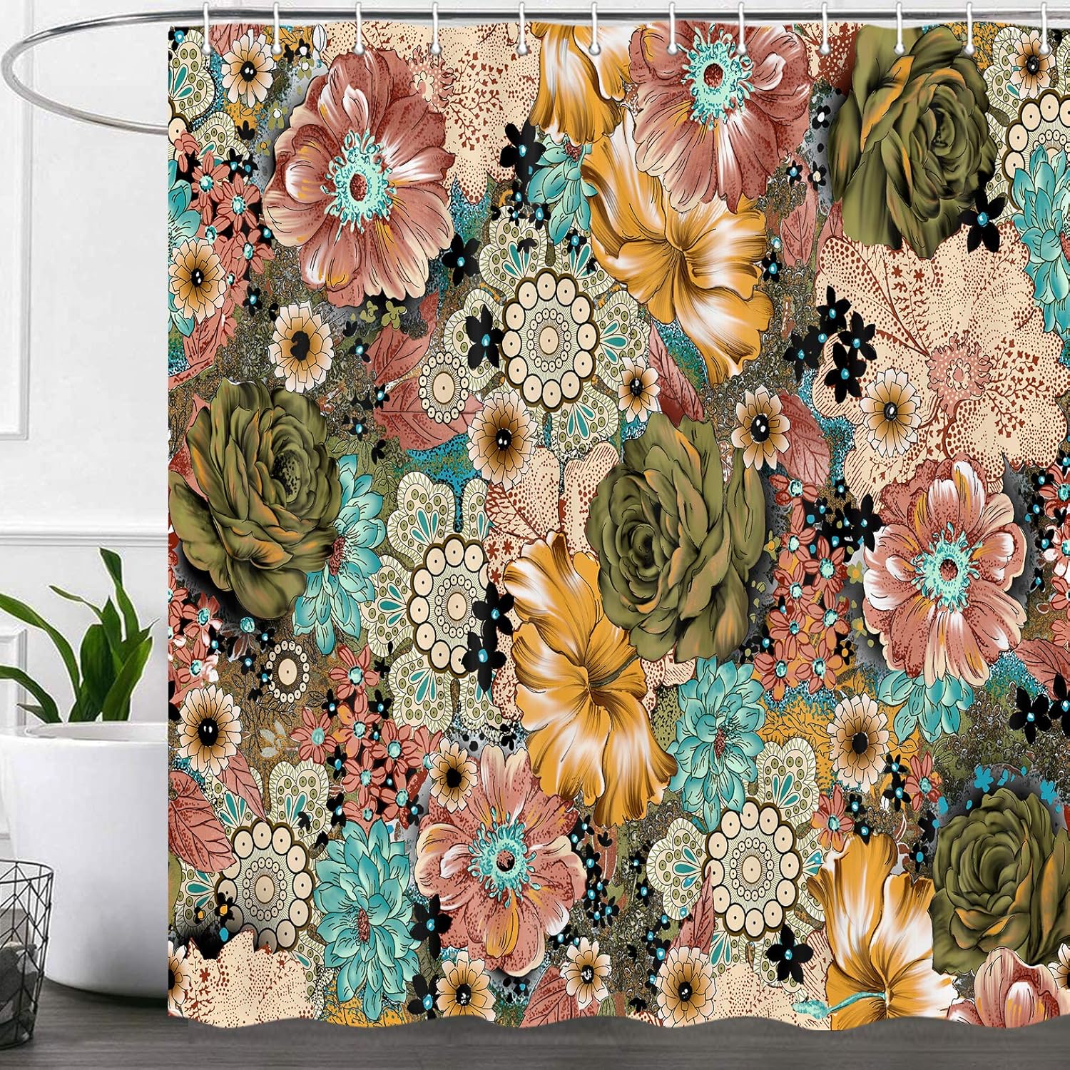 Boho Floral Shower Curtain for Bathroom Decor, Plant Flower Colorful Rustic Farmhouse Botanical Aesthetic Art Shower Curtains Set, Fabric Durable Waterproof with 12 Hooks,72x72 Inch