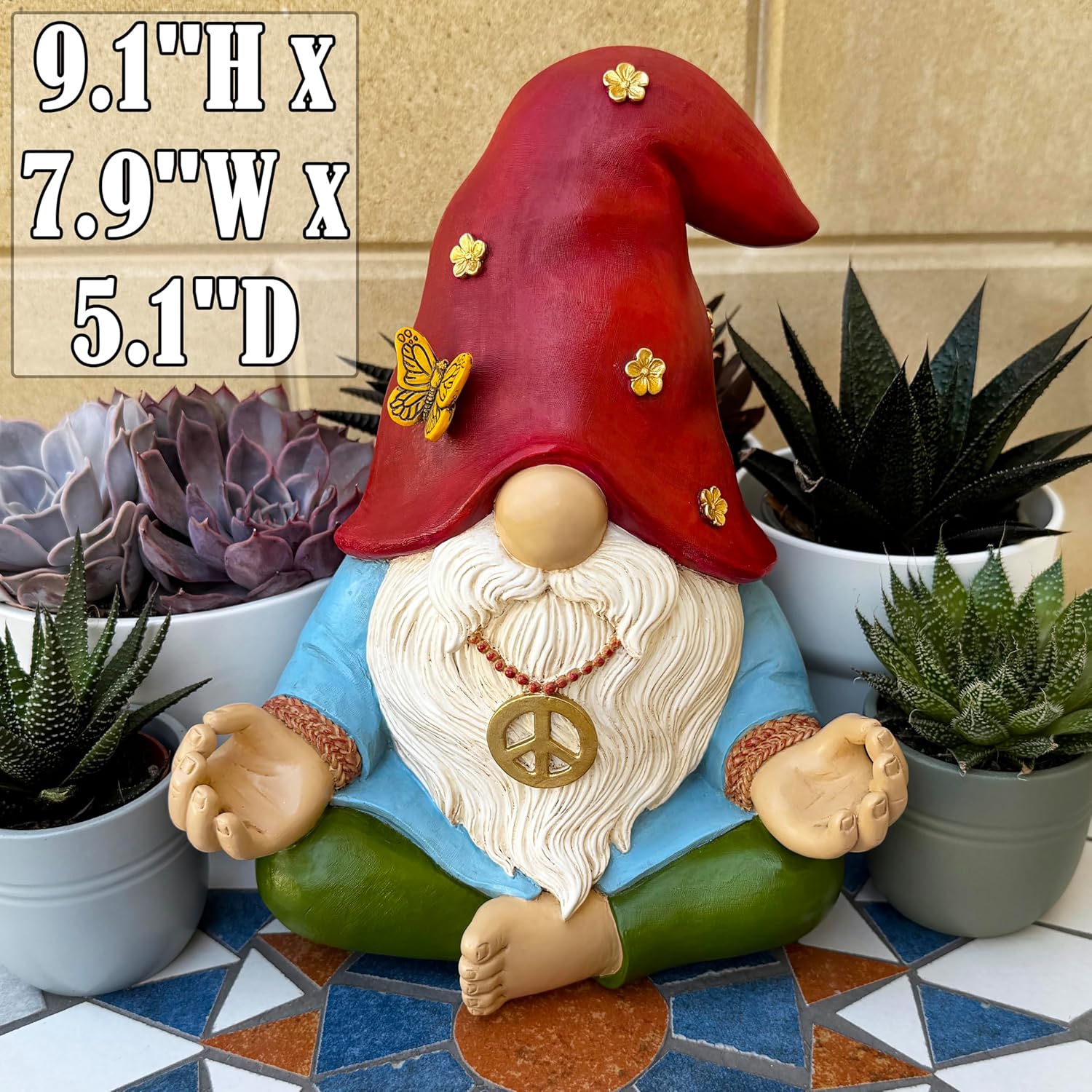 Mood Lab Garden Gnome - Funny Zen Hippie Gnome Figurine - 9.1 Inch Tall Lawn Statue - for Outdoor or House Decor