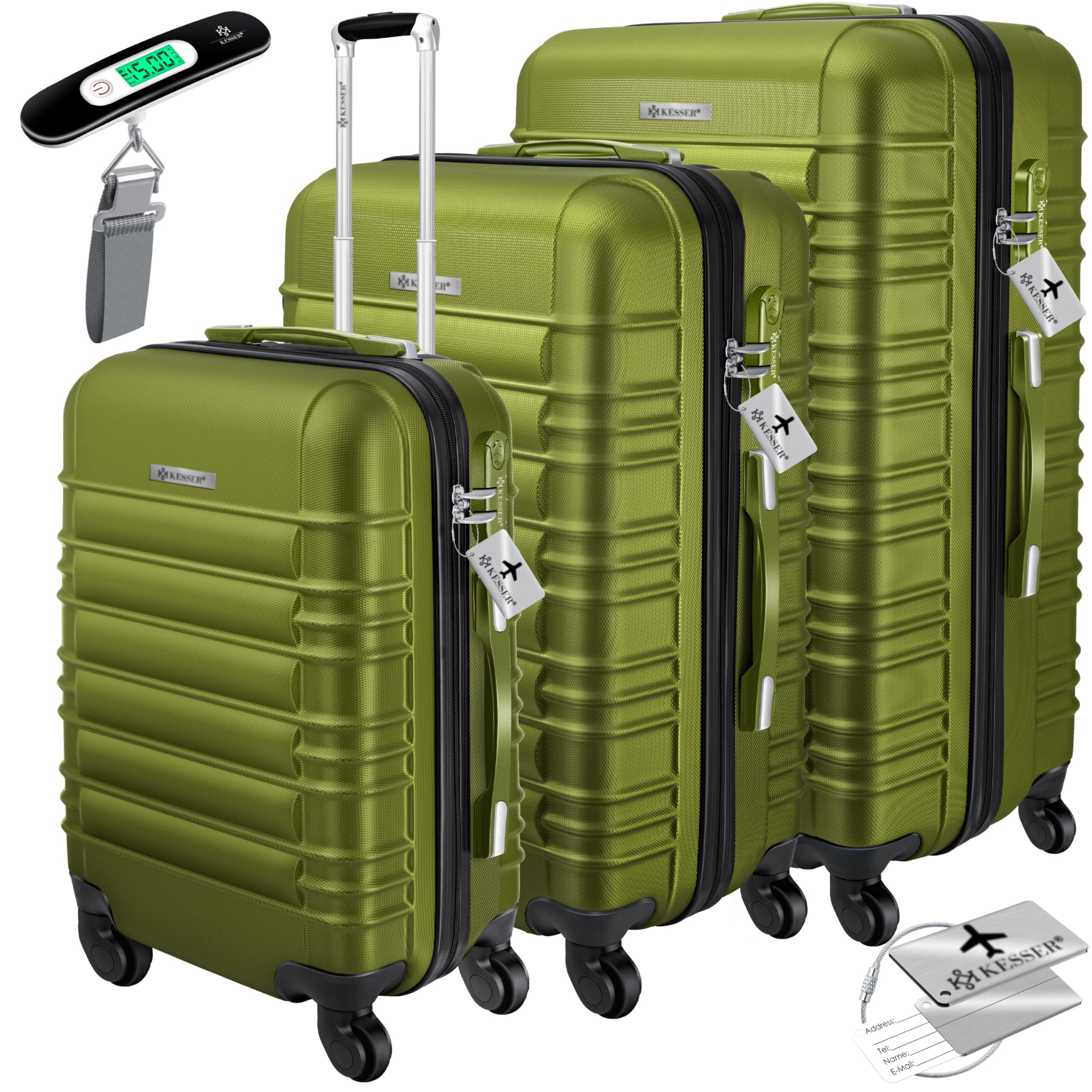 KESSER® Set di 3 valigie rigide, da viaggio, incl. bilancia trolley + etichetta per bagagli, chiusura per valigie rotolanti, manico telescopico M-L-XL