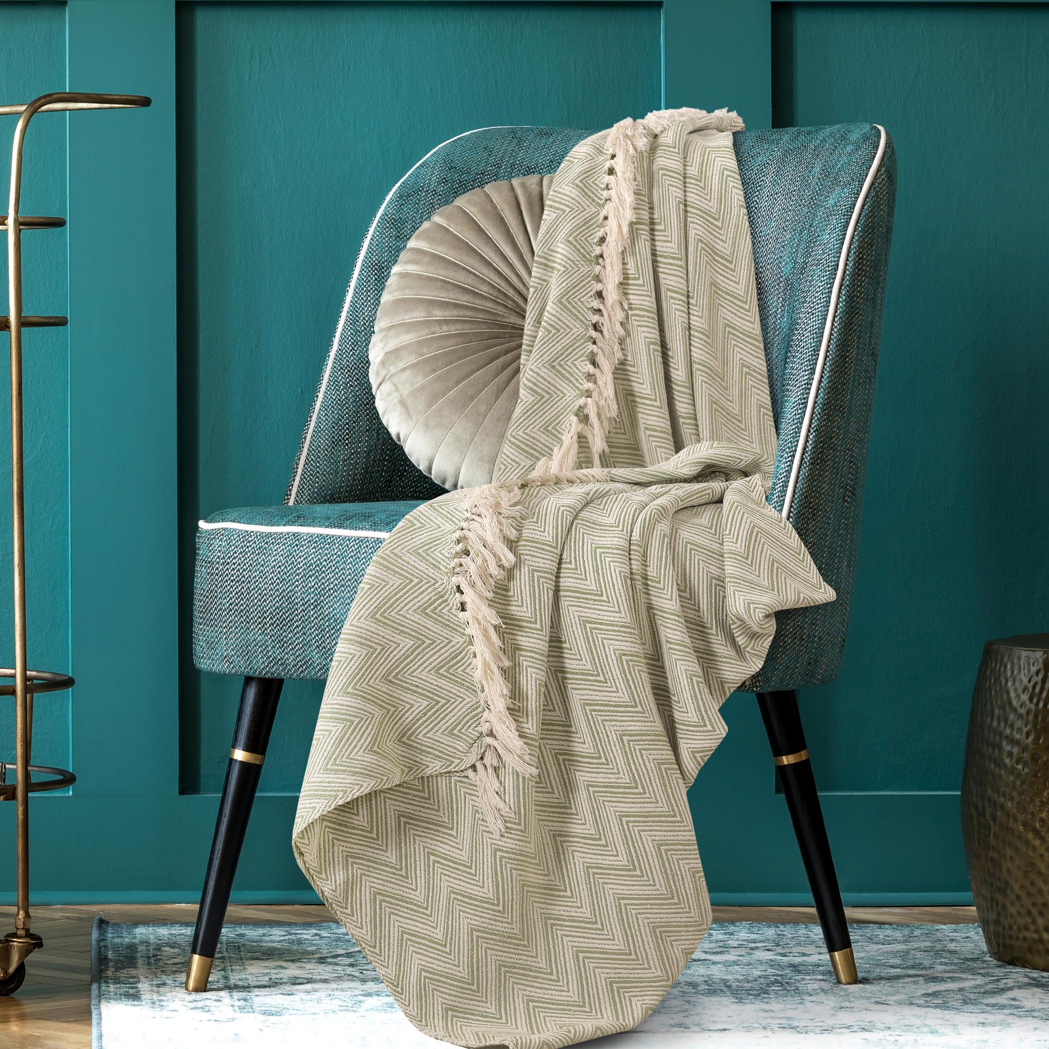 SASHAA WORLD Striped Throw Blanket - Green & Ivory -9