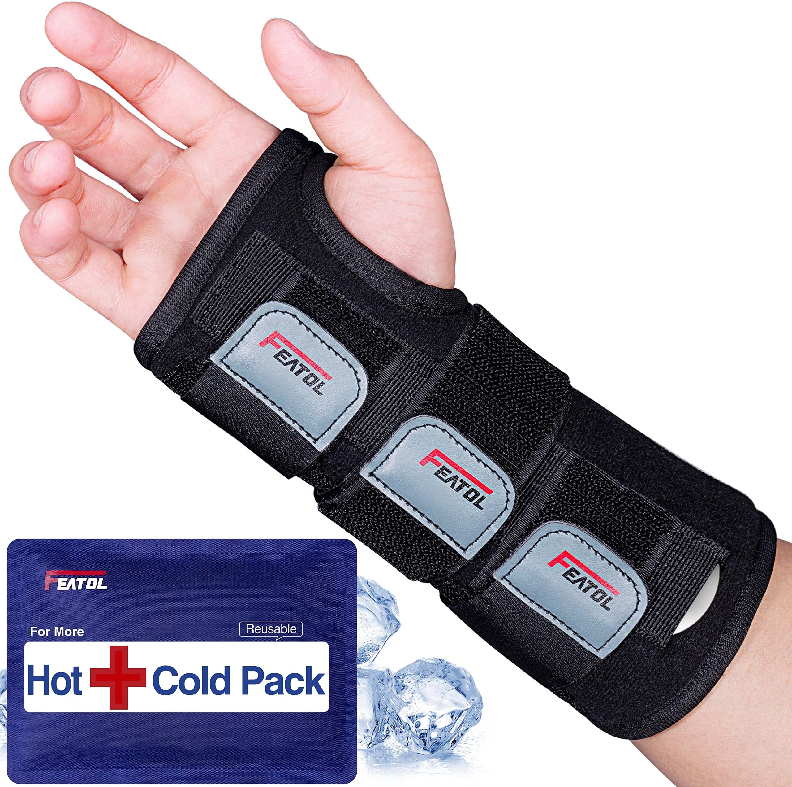 FEATOL Wrist Brace Carpal Tunnel, Night Support Brace with Wrist Splint, Adjustable Straps, Hot/Ice Pack for Women and Men, Right Hand, Medium/Large, Tendinitis, Arthritis, Pain ReliefOEKO-TEX STANDARD 100
