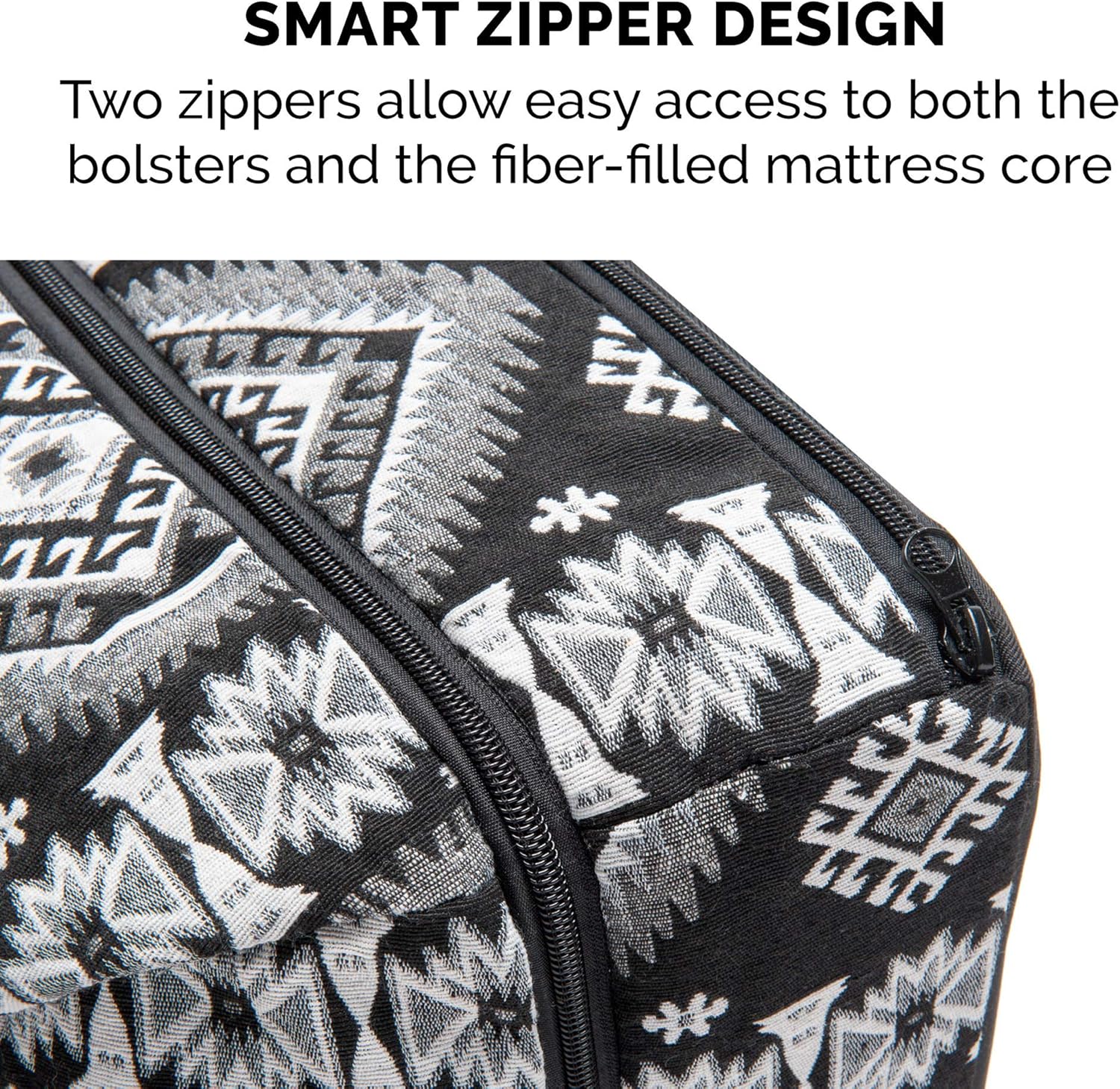 Furhaven Pillow Dog Bed for Large/Medium Dogs w/ Removable Bolsters & Washable Cover - Plush & Southwest Kilim Woven Decor Sofa - Black Medallion, Large