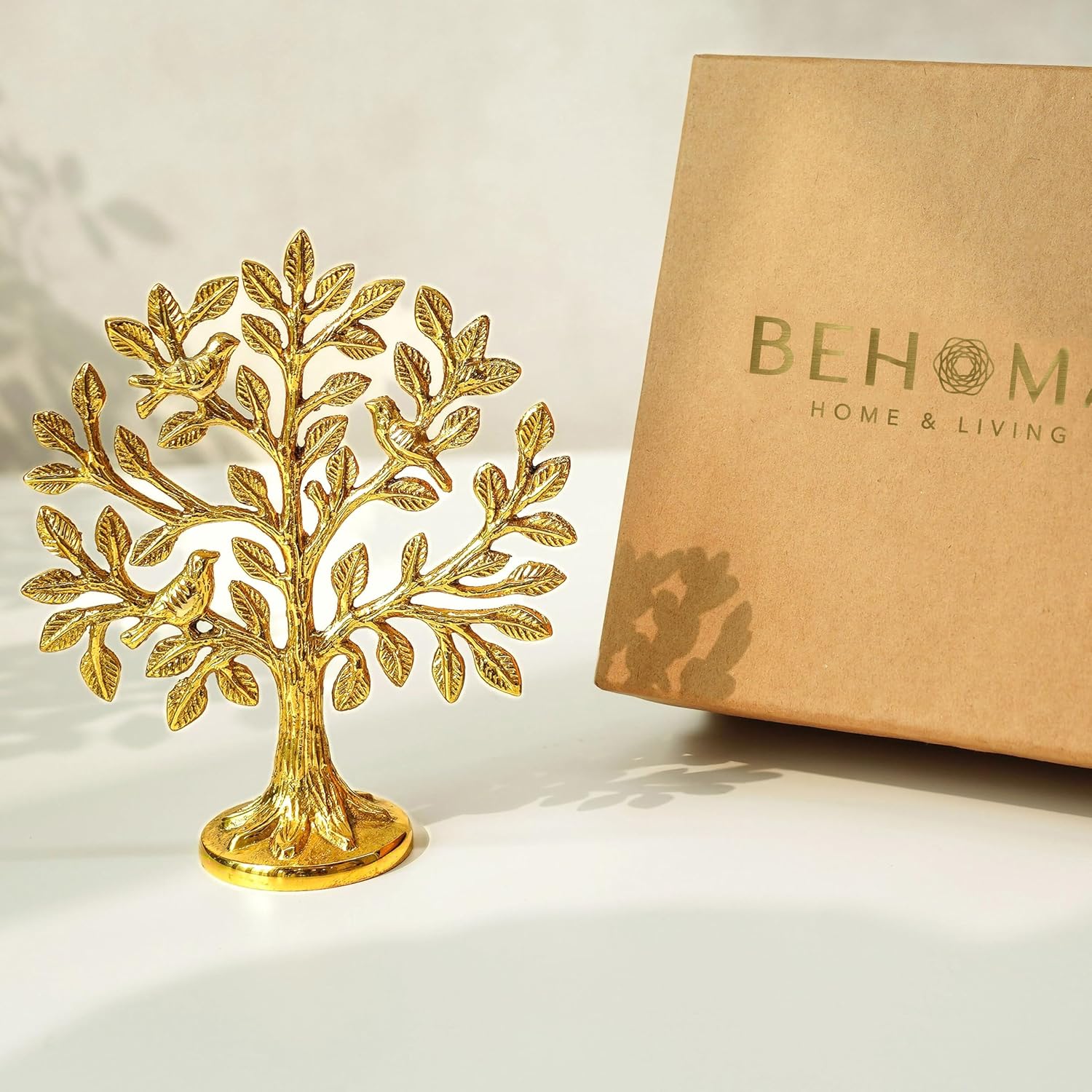 BEHOMA 100% Pure Brass Kalpvriksh Tree with Birds | Kalpavriksha Tree of Life Showpiece for Table Decor (5.9 inch) | kalpvriksha Vastu & Fengshui Decor, Home & Puja Temple Ornament, Good Luck Gift