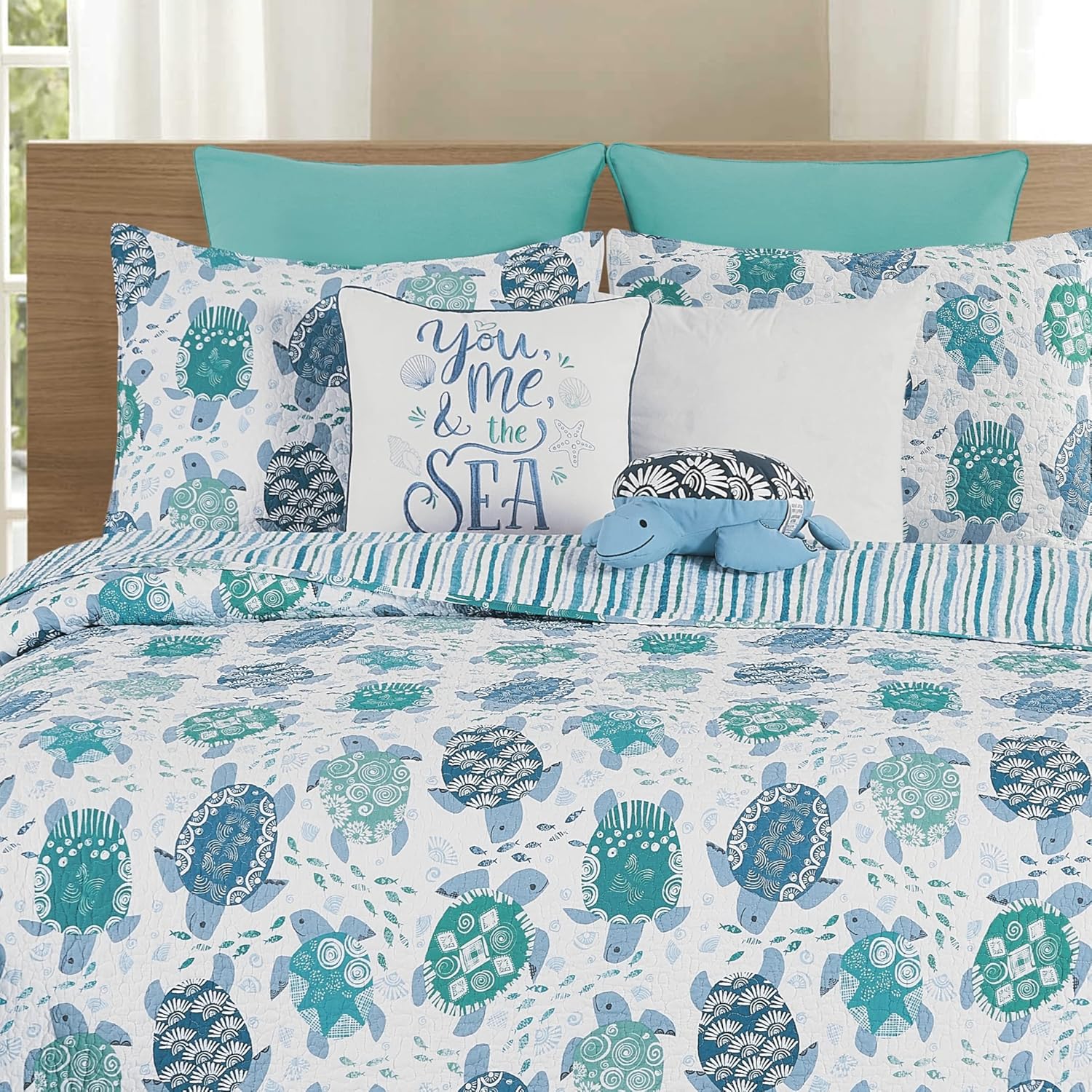 Blue and White Cotton Turtle Shaped Throw Pillow