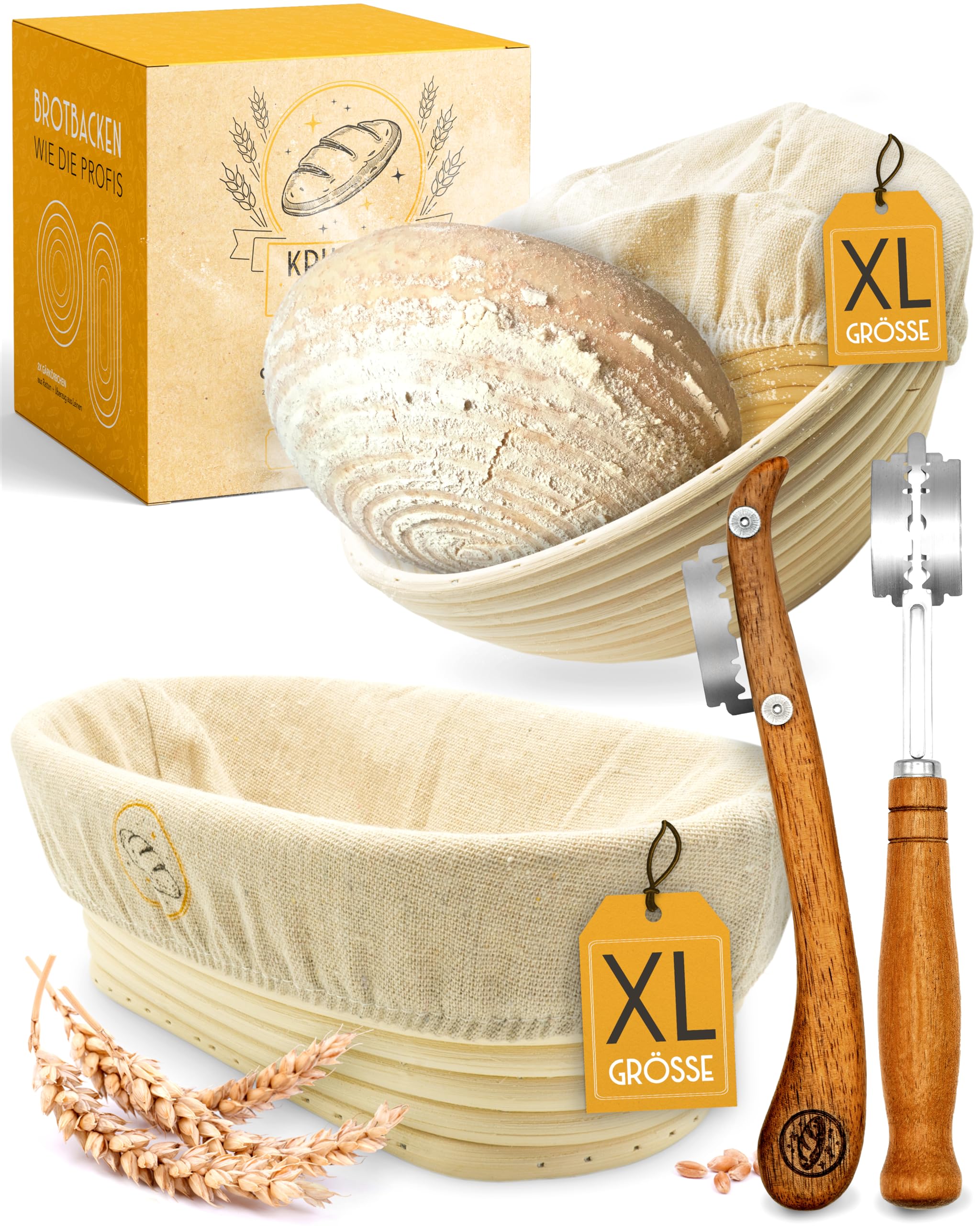 KRUSTENZAUBER Gärkörbchen zum Brotbacken + Bäckermesser - Set aus 2x Gärkorb und 2x Teigritzmesser - Brot Backen Zubehör, Brotkorb, Brotbackform, Sauerteig Teigschneider, Gärfolie Brot