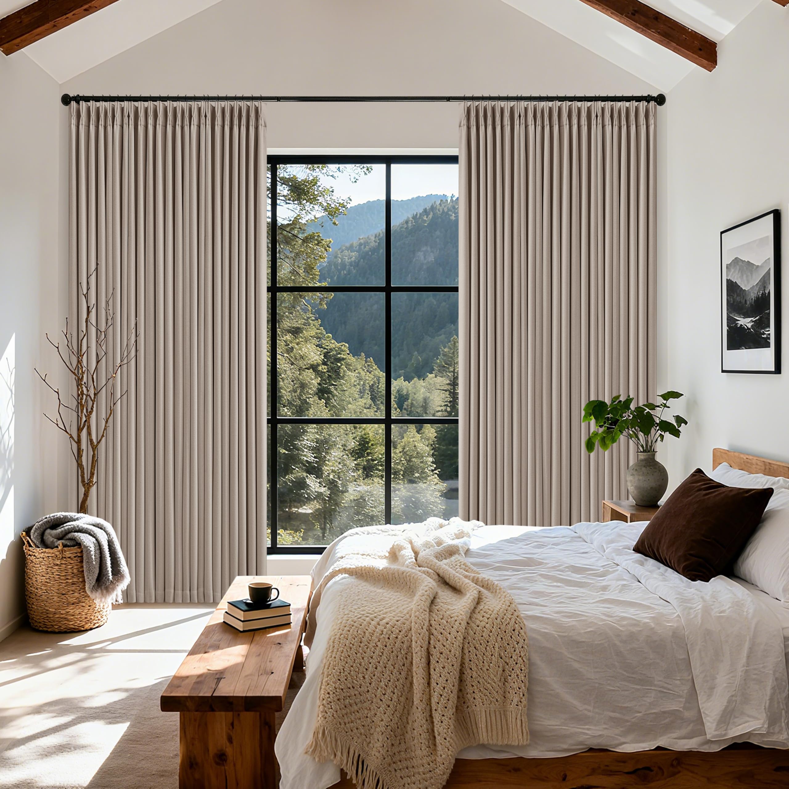 Photo 1 of Extra Wide Burlywood Birch Blackout Sliding Glass Door Curtains 102 Inches Long Memory Trained Pinch Pleated Linen Double Layer Black Out Heat Blocking Curtain 70 Inch Width 102 Inch Length 1 Panel