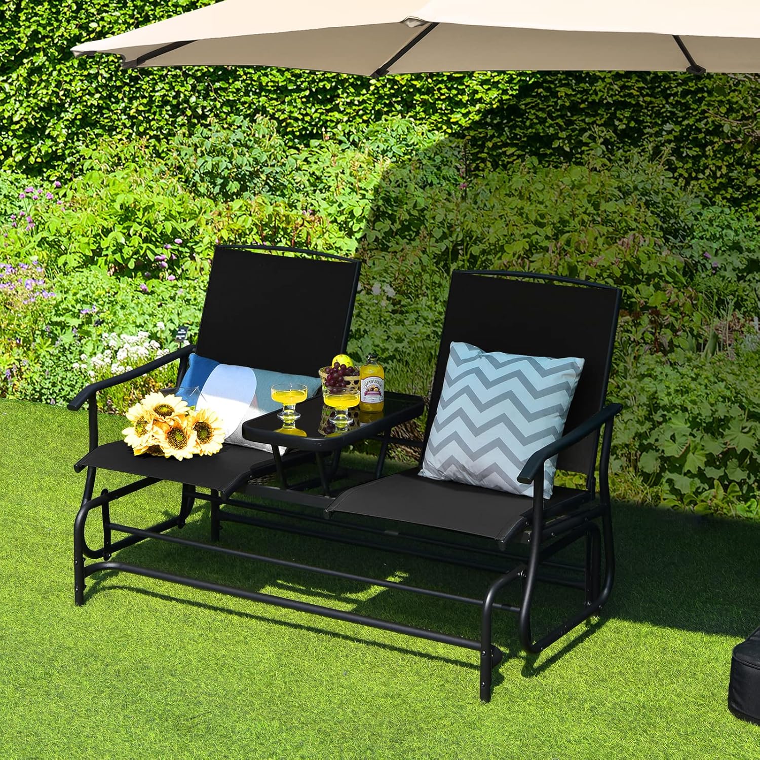 Nightcore 2-Person Outdoor Glider Bench, Porch Glider Chair w/Center Tempered Glass Table, Sturdy Metal Frame, Glider Swing w/Breathable Fabric, Rocking Chair for Outside Patio, Balcony (Black)