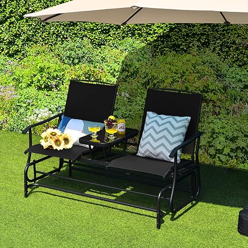 Miniatura 4 de Tangkula Silla de columpio para 2 personas, sofá biplaza mecedora de patio con mesa central de vidrio templado, banco oscilante para exteriores con