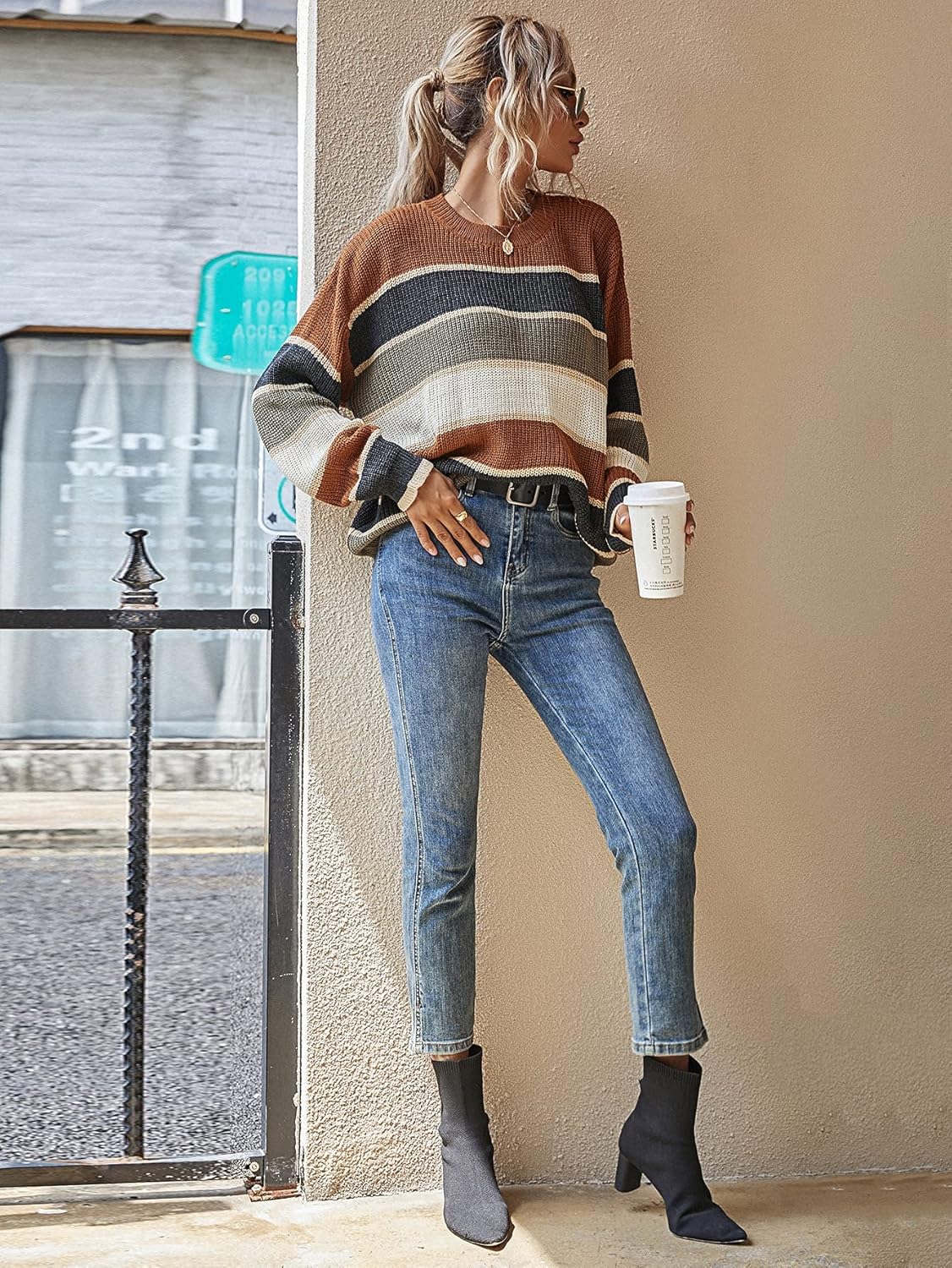 BEDAW Women's Sweater Striped Pattern Oversized Sweater Sweater for Women (Color : Multicolor, Size : Medium)