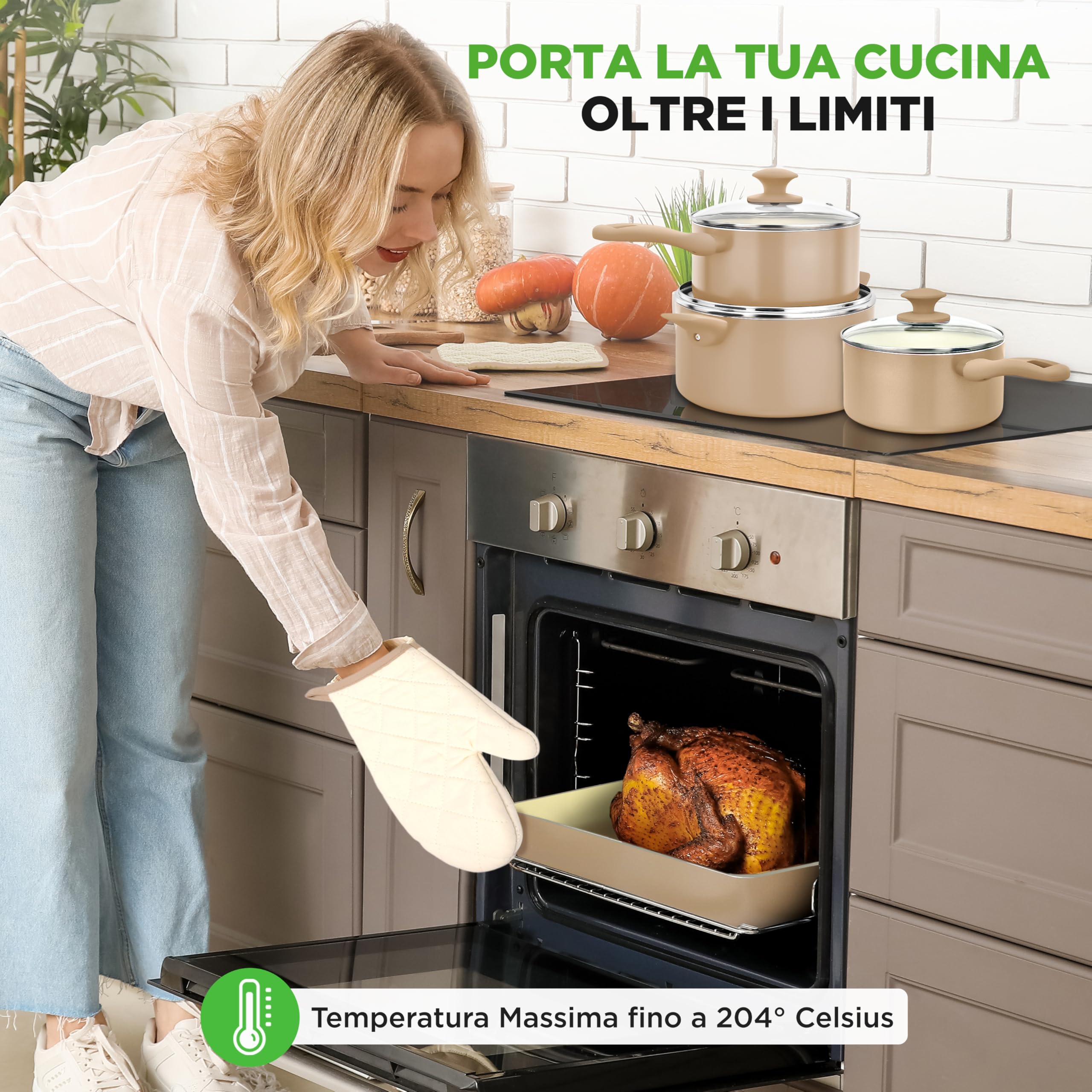 NutriChef Set 75 Pezzi con Pentole, Padelle e Teglie da Forno Antiaderenti in Ceramica, Coltelli, Utensili, Sicuro per Uso Alimentare, Crema/Marrone