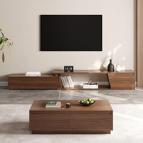 homary Juego de soporte de TV y mesa auxiliar de nogal de mediados de siglo, consola de TV extensible para TV de 120 pulgadas con cajones de