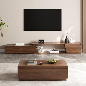 homary Mid Century Walnut TV Stand & Coffee Table Set, Extendable TV Console for 120" TV with Storage Drawers, Modern Engineered Wood Living Room Furniture