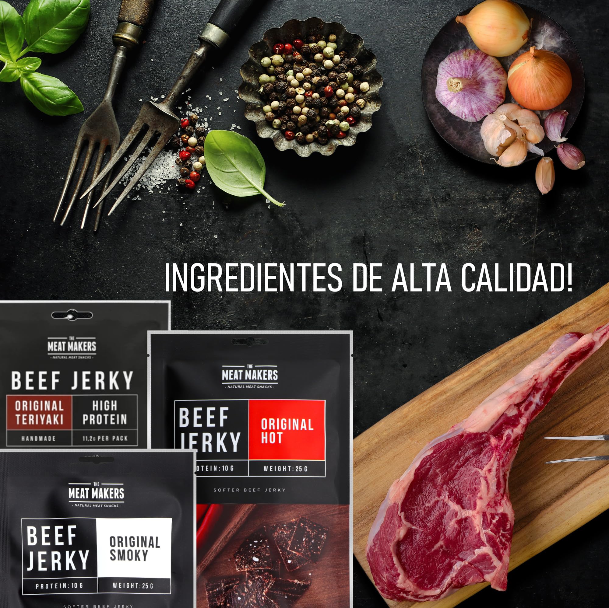 The Meat Makers Dried Beef Jerky Snack Mix Smoky Teriyaki Hot 300g (12x25g) - Cecina de Vaca, Carne Seca, Snack de Carne, Carne seca para personas.