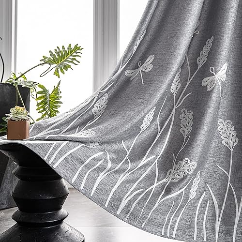 Miniatura 2 de Melodieux Cortina de lino con bordado de trigo para oscurecer la habitación de la sala de estar, dormitorio, con ojales, cortina de ventana, trigo