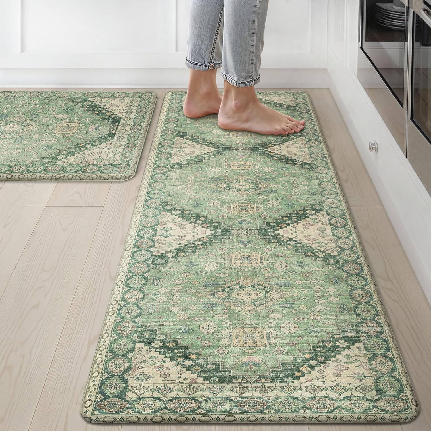 GENIMO Kitchen Mats for Floor, 2PCS Kitchen Rugs Non Slip Washable, Waterproof Anti Fatigue Mat, Comfort Standing Runner Rug for Sink, Office, Laundry, Home, 17.3"x59"+17.3"x30", Green