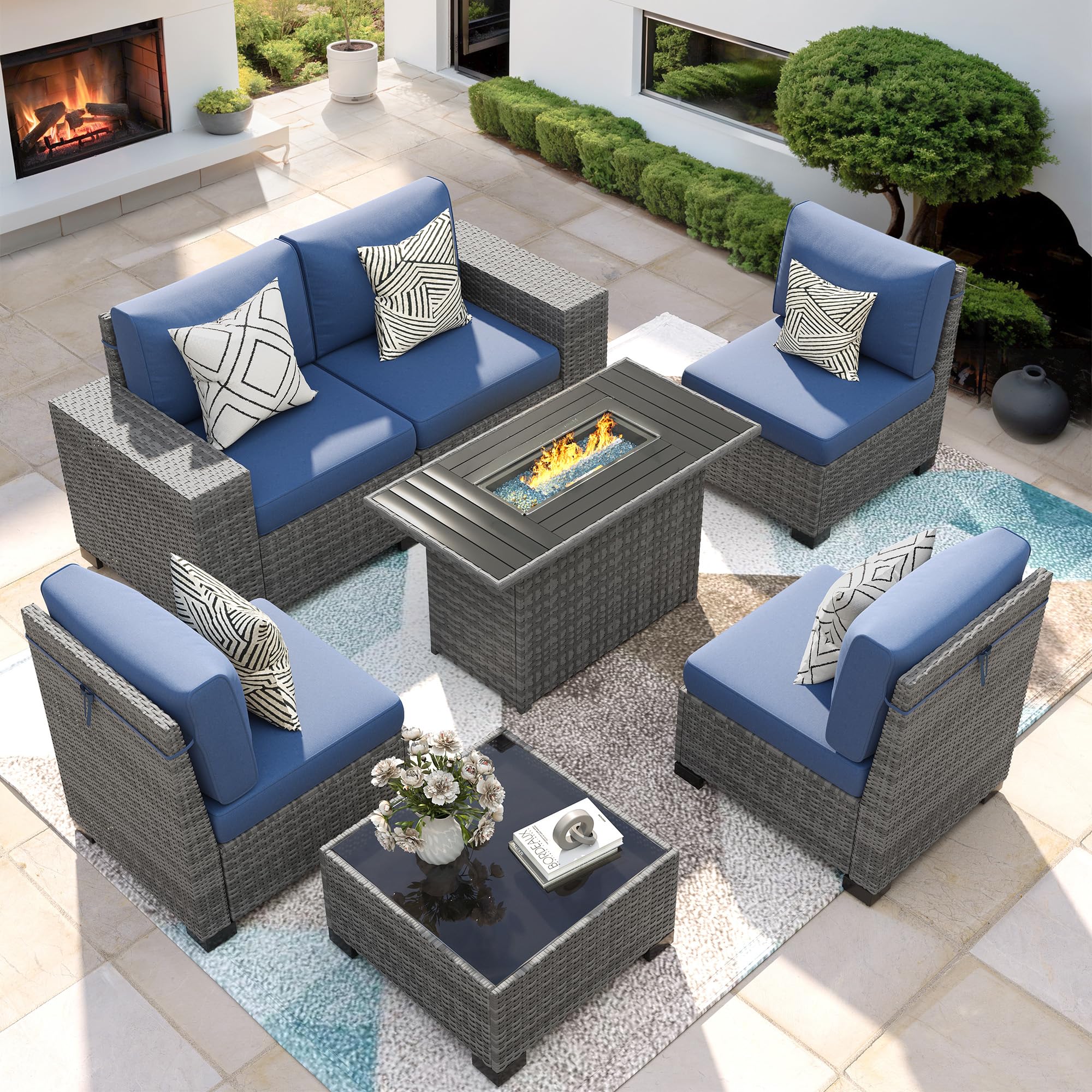 VONZOY 7 Piece Patio Furniture Set with Fire Pit Table, Outdoor Conversation Sets Wicker Rattan Sectional Sofa with Coffee Table for Patio Garden