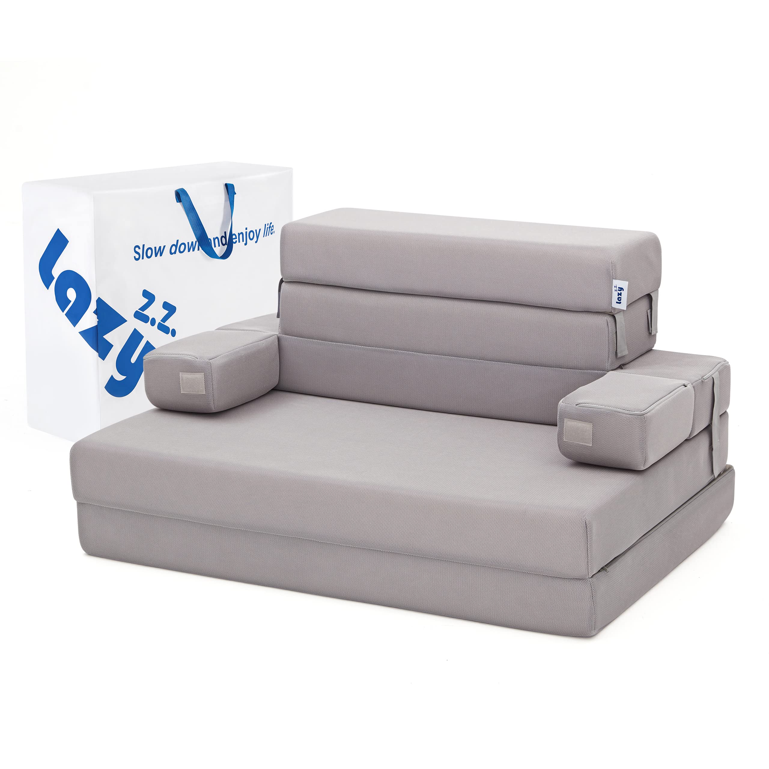 Lazyzizi Sleep 4 Inch Foldable Mattress, Portable Floor Mattress Couch with Headrest, Washable Cover, Foldable Foam Couch Twin for Guest Bed, Folding Sofa Bed, Camping, Road Trip??î Dark Grey