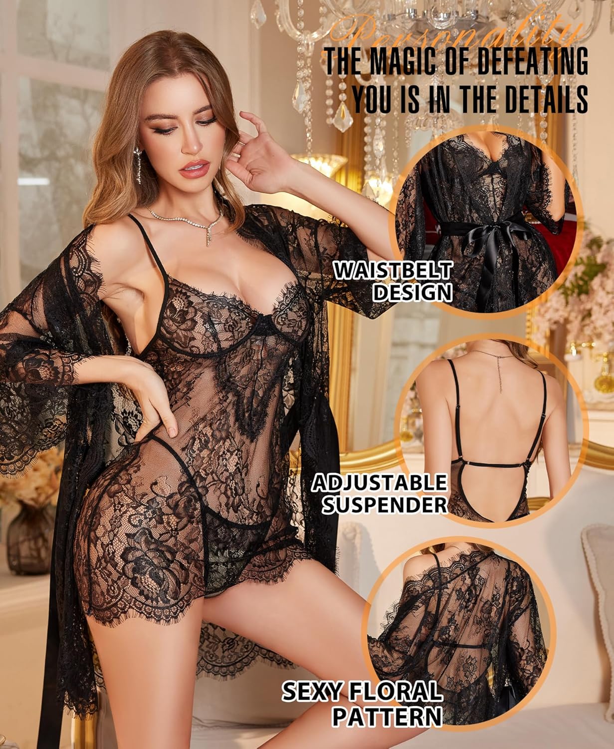 RSLOVE Lingerie Sets for Women Sexy - 3 Piece Babydoll Lace Kimono Robe Chemise Nightwear Exotic Sleepwear Mesh Nightgown - Image 3