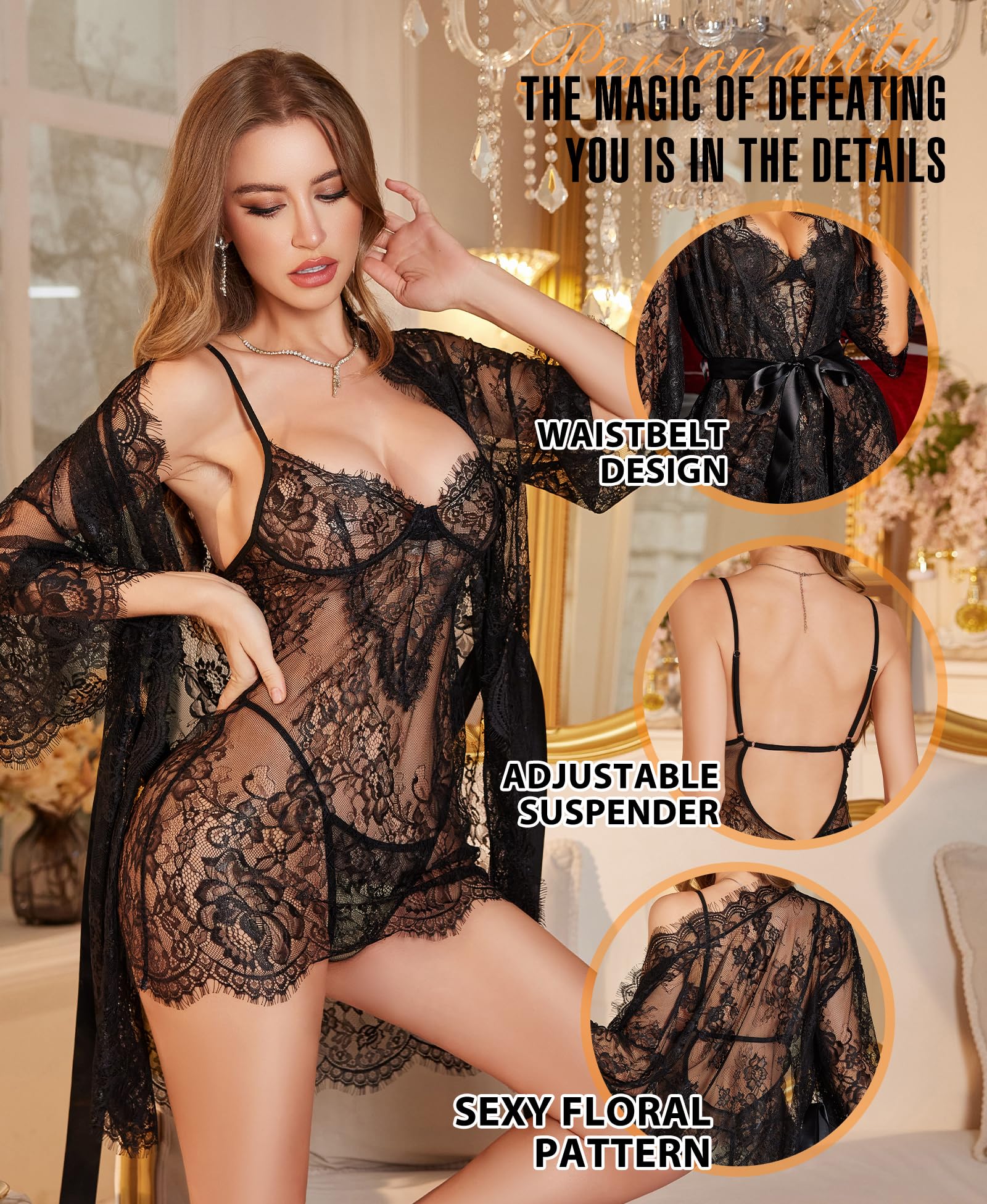 RSLOVE Nuisette Sexy Tenue Femme - Robe en Dentelle Col V und Chemise de Nuit avec G-String 3 Pièces