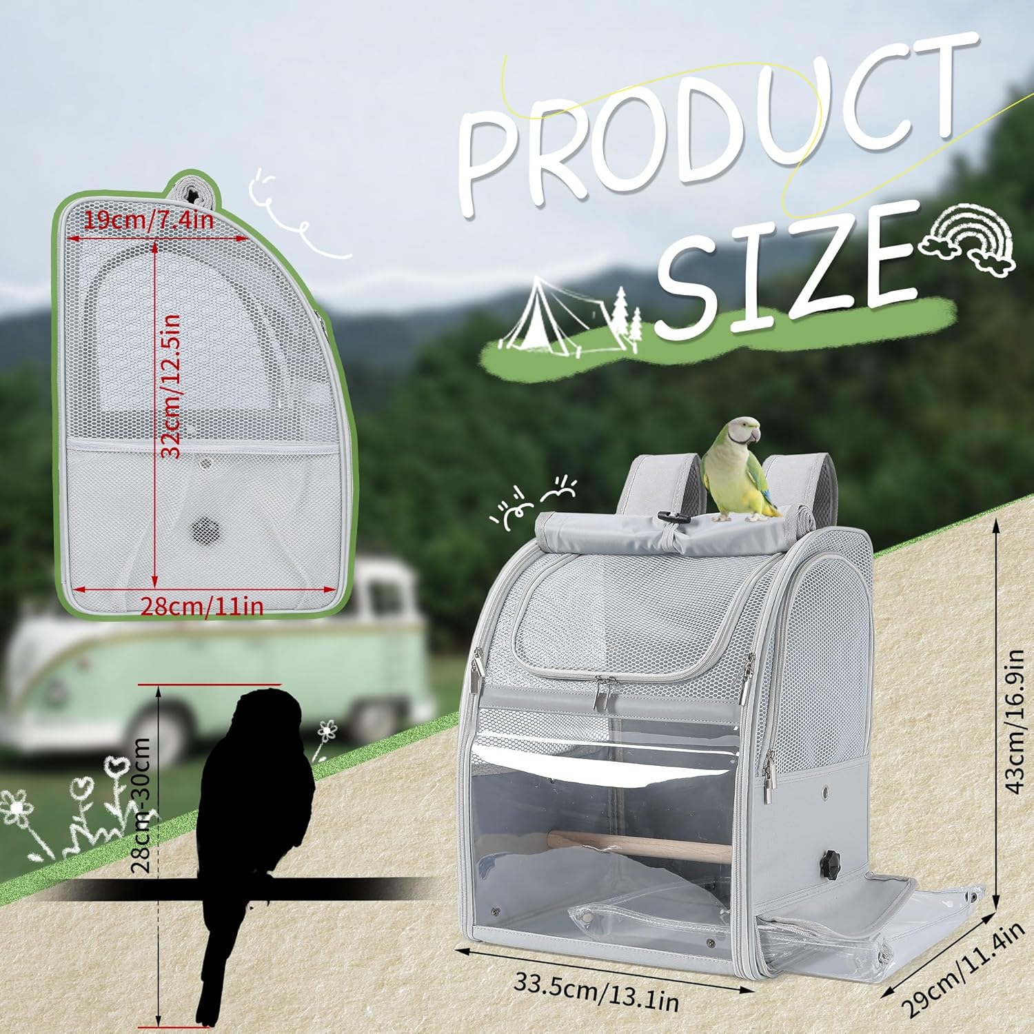 Sanmoncare Bird Carrier Backpack with 2 Adjustable Perches, Water-Repellent Parrot Travel Cage with Stainless Steel Tray, Breathable Pet Carrier for Cockatiels, Conures and Vet Visits