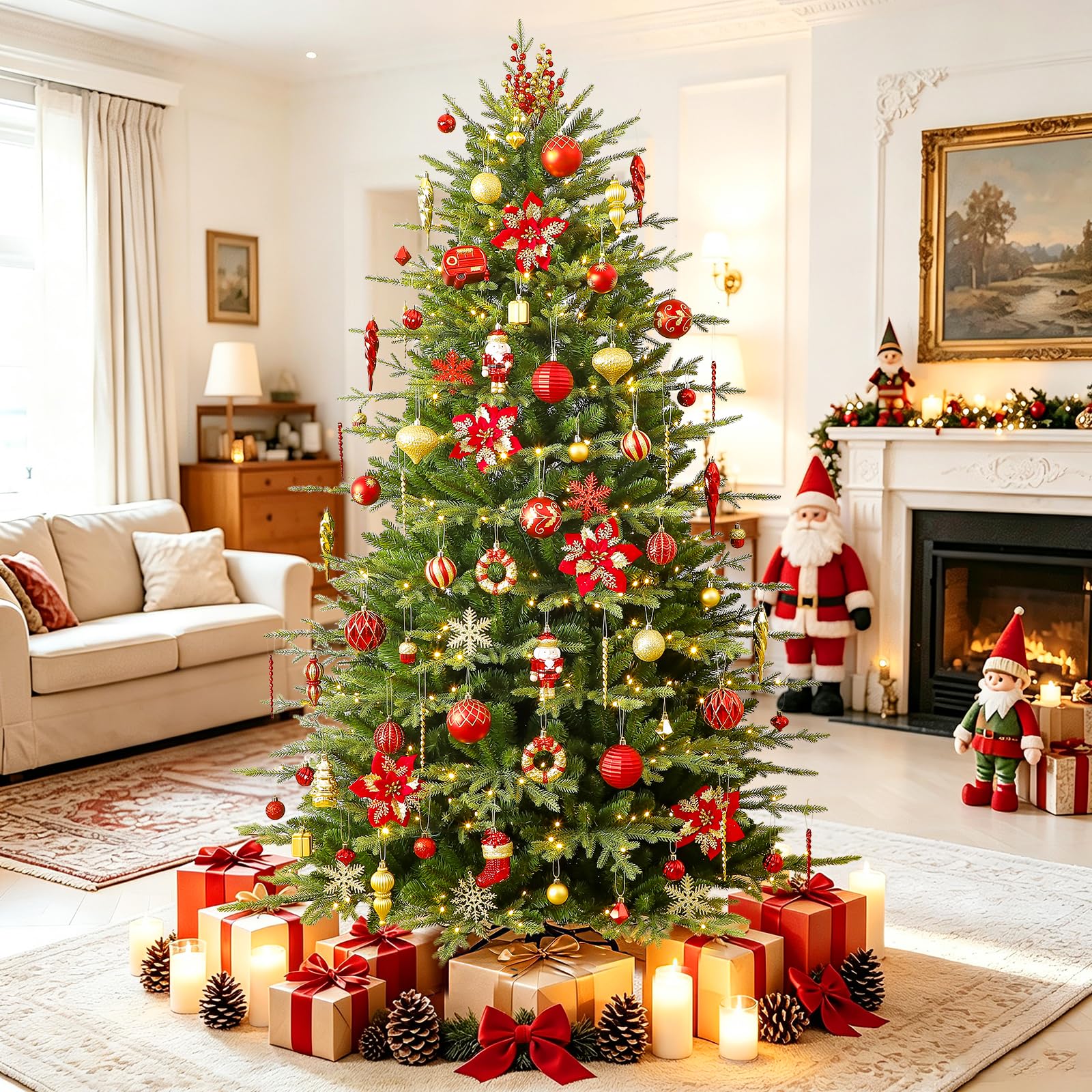 SHareconn Juego de 135 Piezas de Adornos Arbol Navidad, Adornos Bolas de Plástico Irrompibles con Cordón, Decoración Arbol de Navidad, Grandes Decoracion para Bodas (Rojo y Dorado)