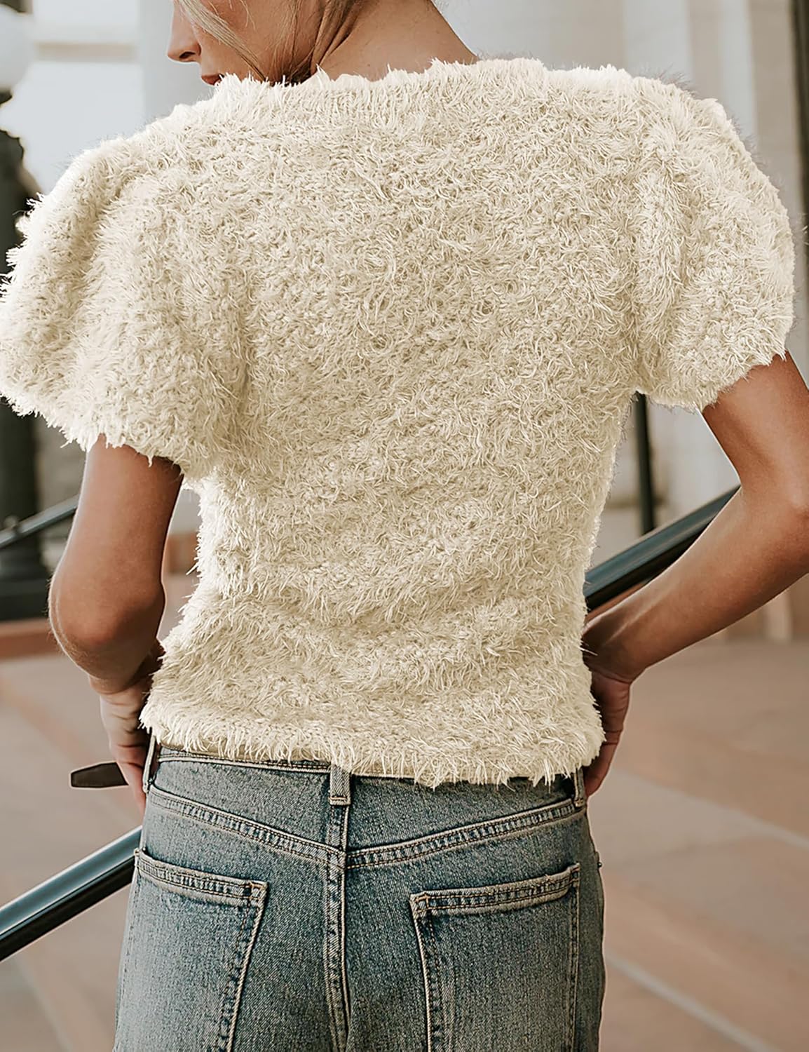 Women's Fuzzy Knit Puff Sleeve Sweater Crew Neck Short Sleeve Cropped Pullover Top Casual Vintage Inspired Outfits - Image 6