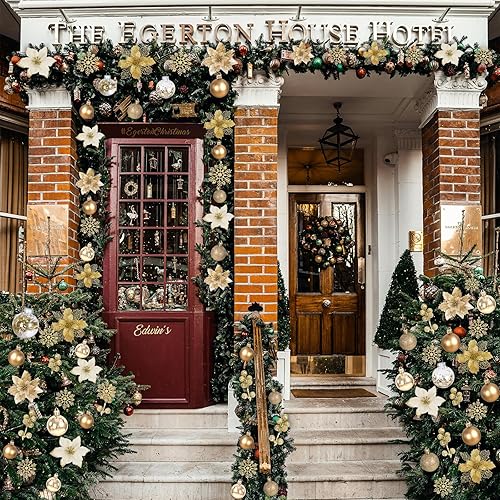 Miniatura 6 de Juego de decoraciones para árbol de Navidad, adornos dorados de Navidad, 76 piezas de flores de pascua artificiales con purpurina, bolas de Navidad,