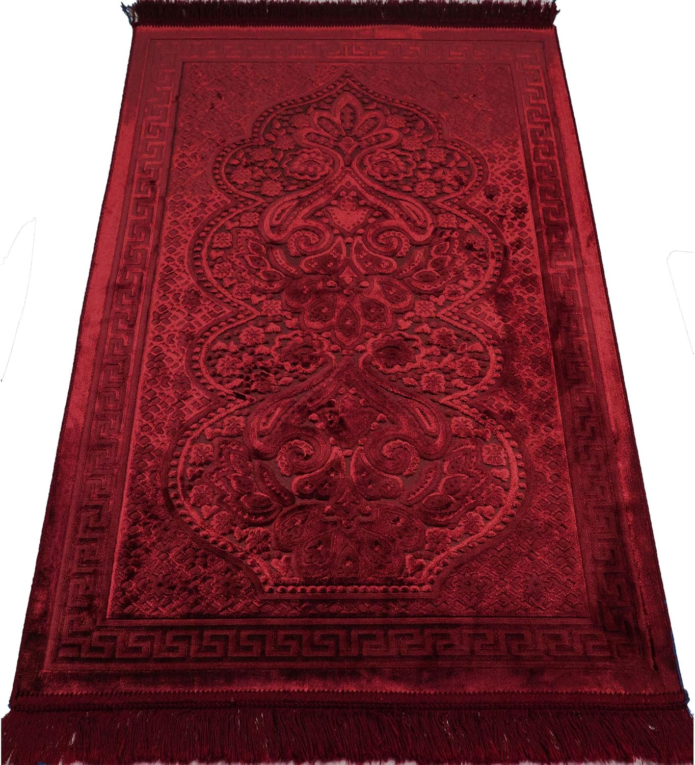 Modefa Luxury Velvet Prayer Rug with Prayer Beads | Soft Elegant Muslim Turkish Janamaz Sajada Carpet for Men and Women | Plain Solid Prayer Mat Ramadan Eid Gift - Paisley (Red)